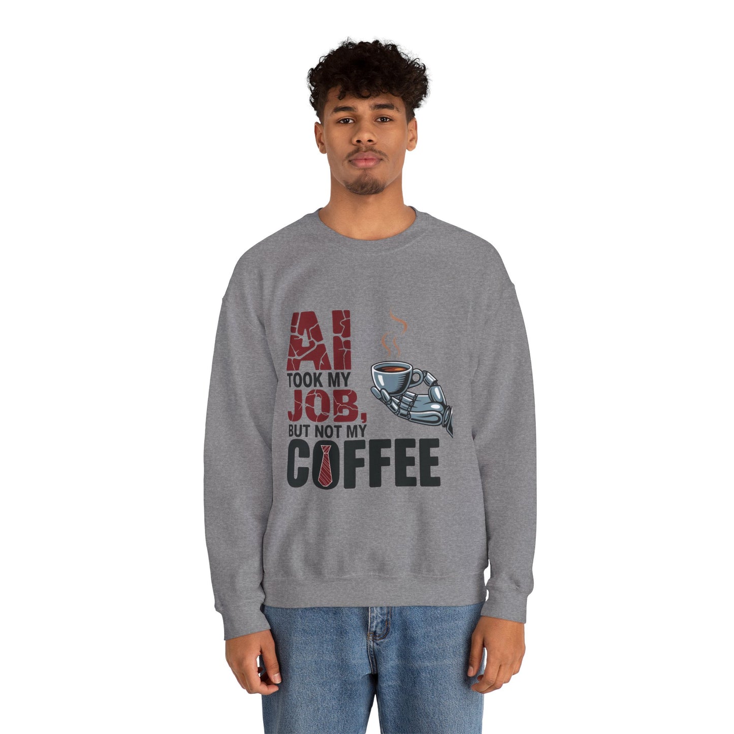 Men's AI Coffee Sweatshirt, Funny Robot Humor Pullover, Geek Sarcastic Job Joke Top, Men's Heavy Blend™ Crewneck Sweatshirt, Office Humor