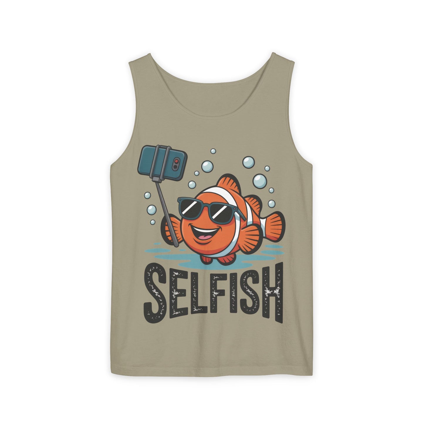 Mens Garment-Dyed Tank Top, Mens Selfish Funny Fish Tank Top, Cute Selfie Graphic Shirt, Ocean Humor Top