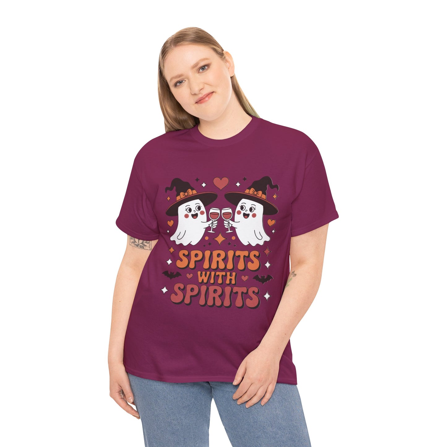 Spirits With Spirits Women's Halloween T-Shirt, Funny Ghost Drinking Wine Tee, Witches Party Shirt, Spooky Season Gift for Her