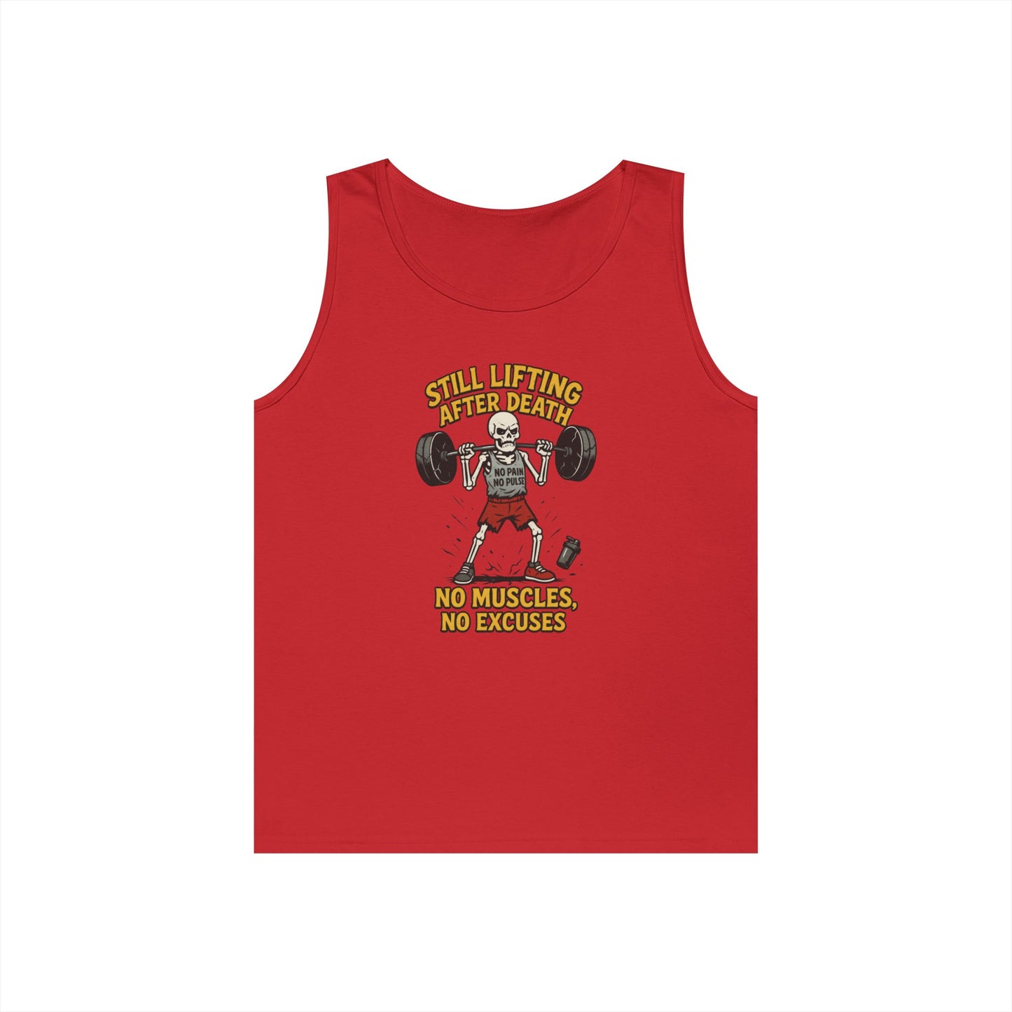 Funny Skeleton Gym Tank Top, Still Lifting After Death, Funny Workout Tee for Men, Fitness Gift, Halloween Apparel, Unisex Cotton Tank Top
