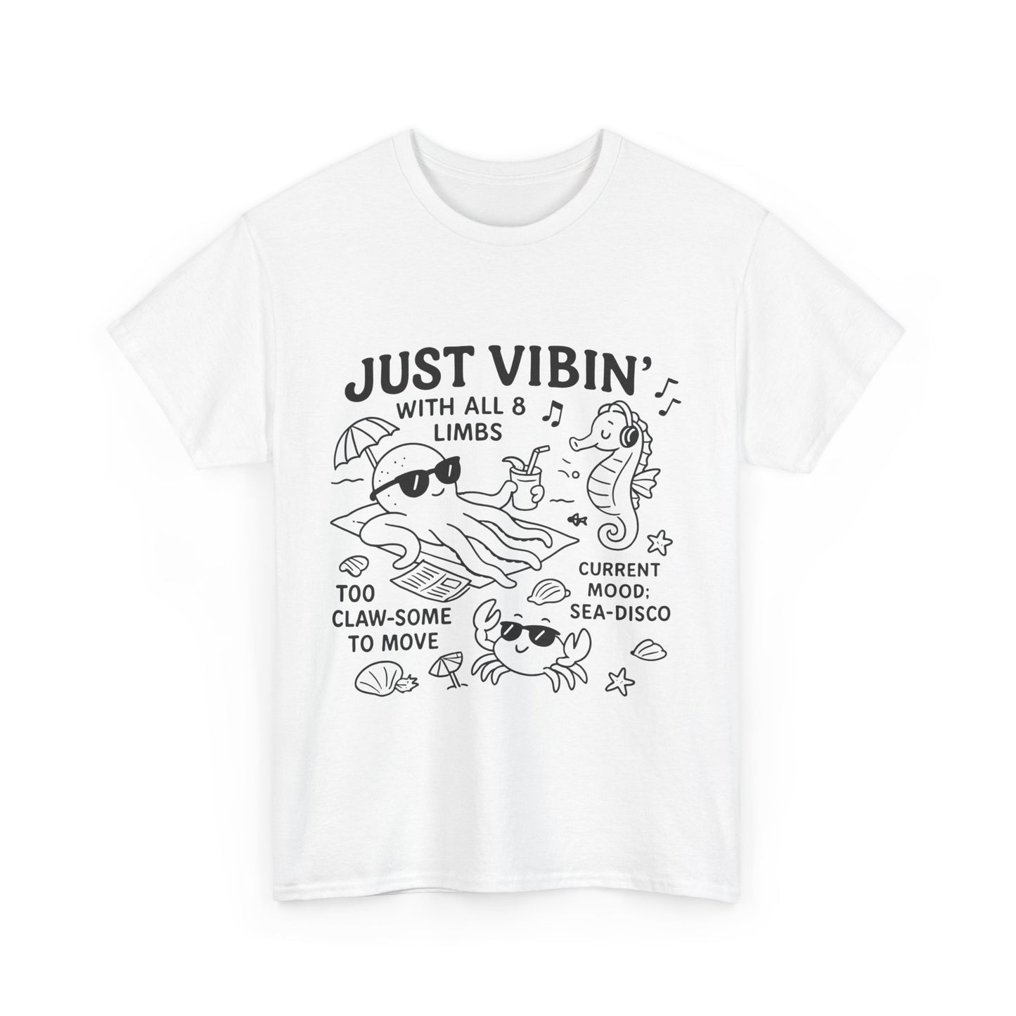 Just Vibin Womens T-Shirt, Cute Octopus & Sea Animals Graphic Tee, Funny Sea Disco Summer Shirt, Beach Vibes Gift for Her, Ocean Theme