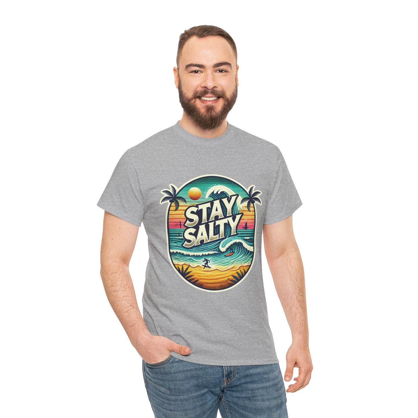 Stay Salty Retro Surf Unisex Heavy Cotton Tee, Vintage Beach Sunset Graphic T-Shirt, Summer Ocean Wave Surfer Shirt, Ocean Lover Gift
