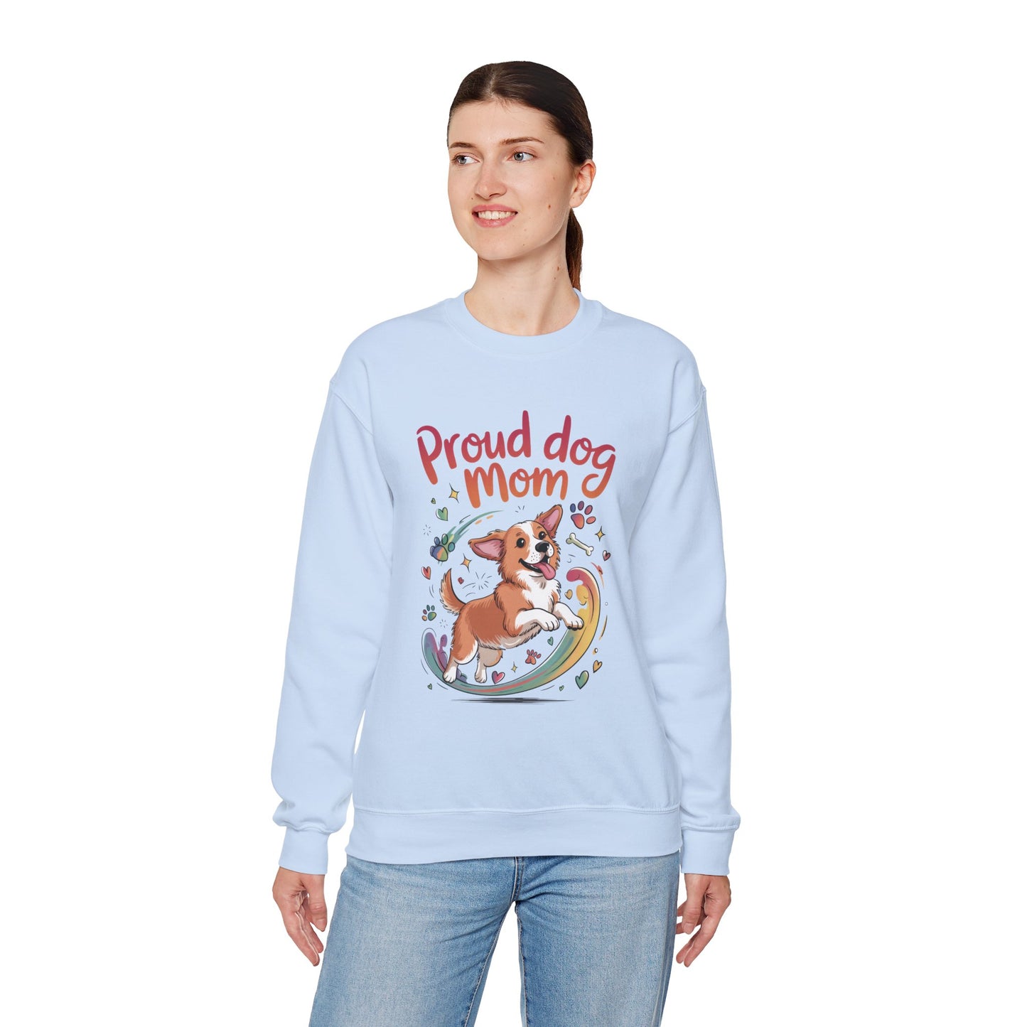 Proud Dog Mom Crewneck Sweatshirt, Pet Lover Gift, Dog Mom Apparel, Animal Lover Clothing, Gift for Dog Moms, Puppy Paw Rainbow Print