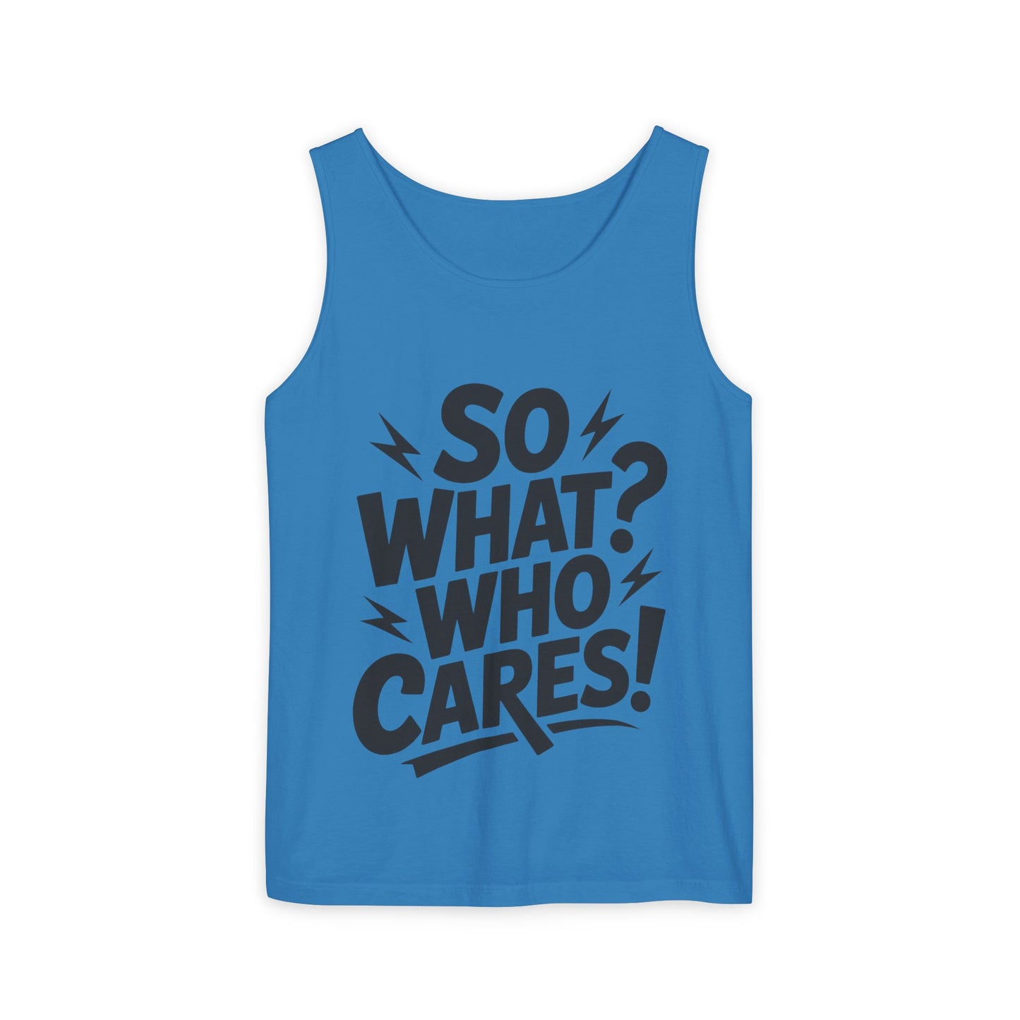 Mens Tank Top, "So What? Who Cares!", Casual Summer Wear, Beach Trip, Festival Outfit, Lightning Print, Sarcastic Summer Tee, Gym Tank