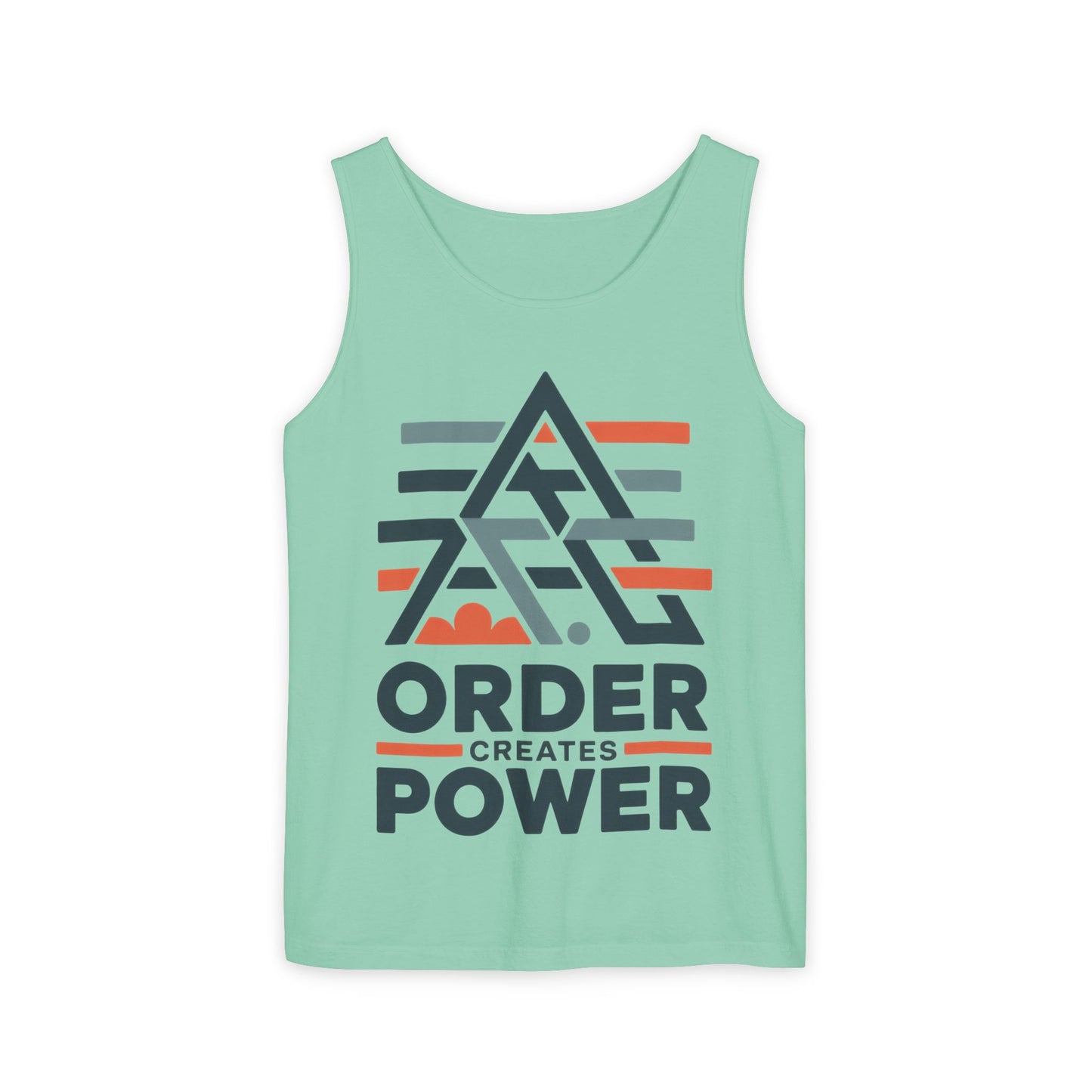 Mens Garment-Dyed Tank Top, Mens Tank Top Order Creates Power, Minimal Geometric Motivational Graphic Summer Shirt