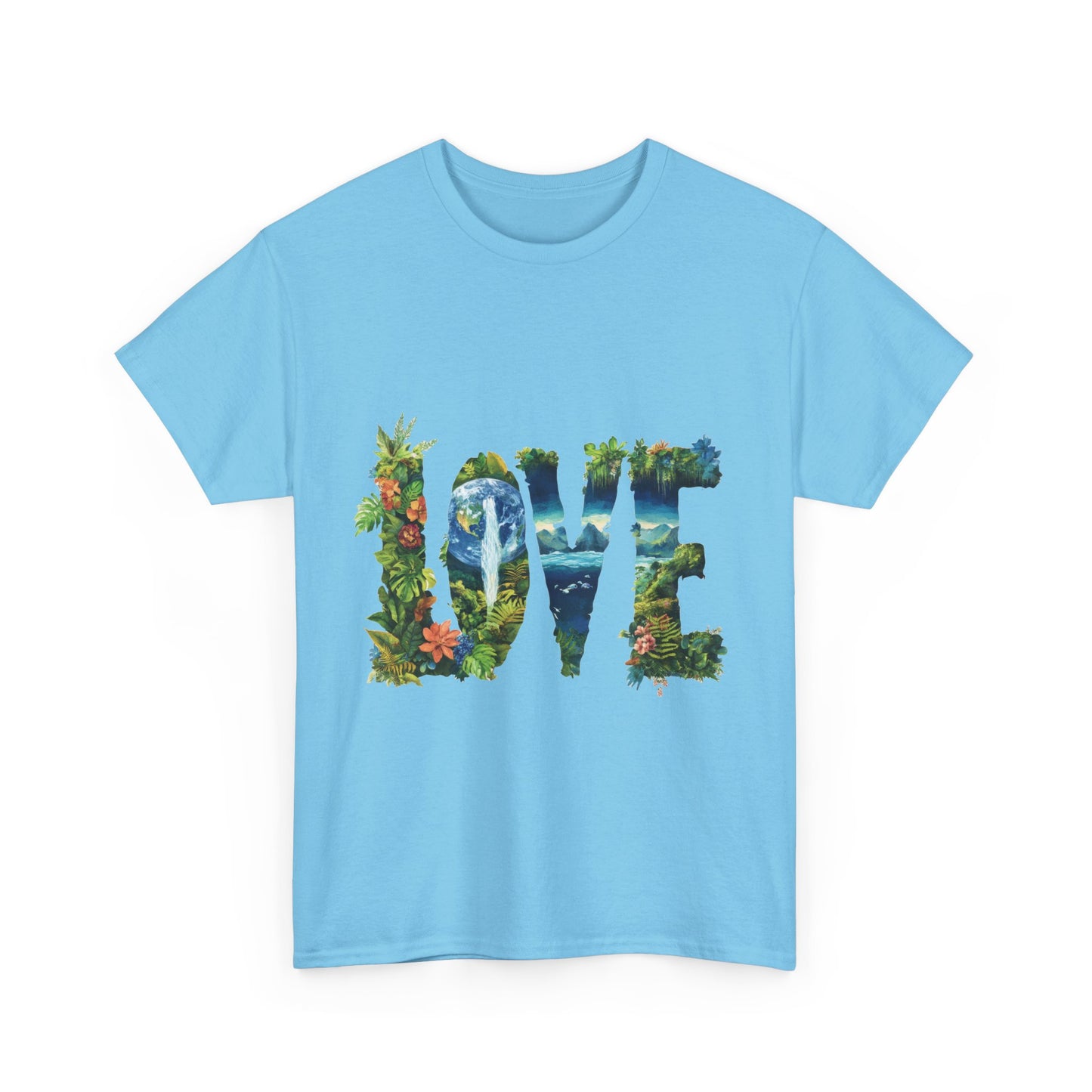 LOVE Nature Art Womens Heavy Cotton Tee, Earth Day Jungle Forest Graphic T-Shirt, Eco Friendly Gift Shirt, Nature-Inspired Love Tee