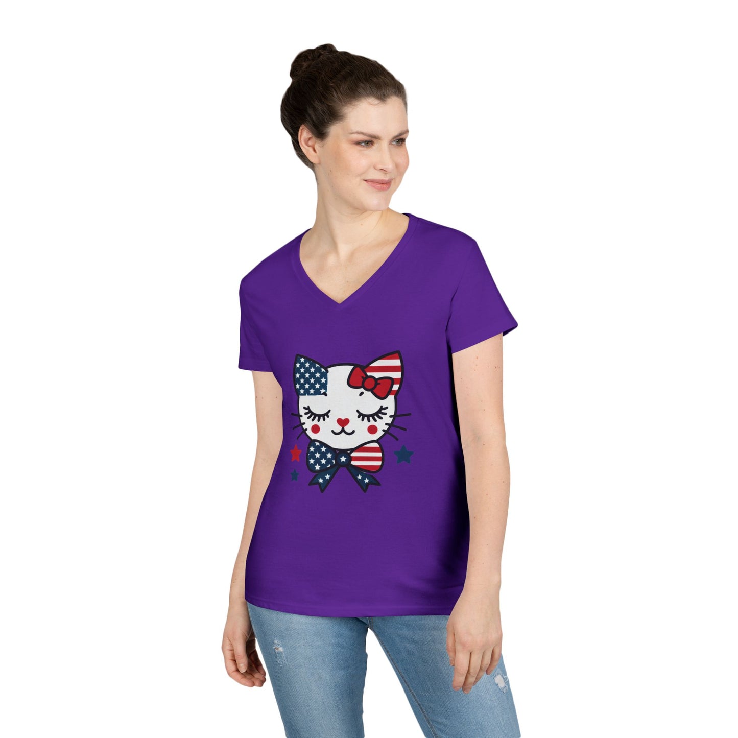 Patriotic Cat Ladies' V-Neck T-Shirt, Cute Tee, July 4th Top, Independence Day Shirt, Gift for Cat Lovers, Casual Summer Wear