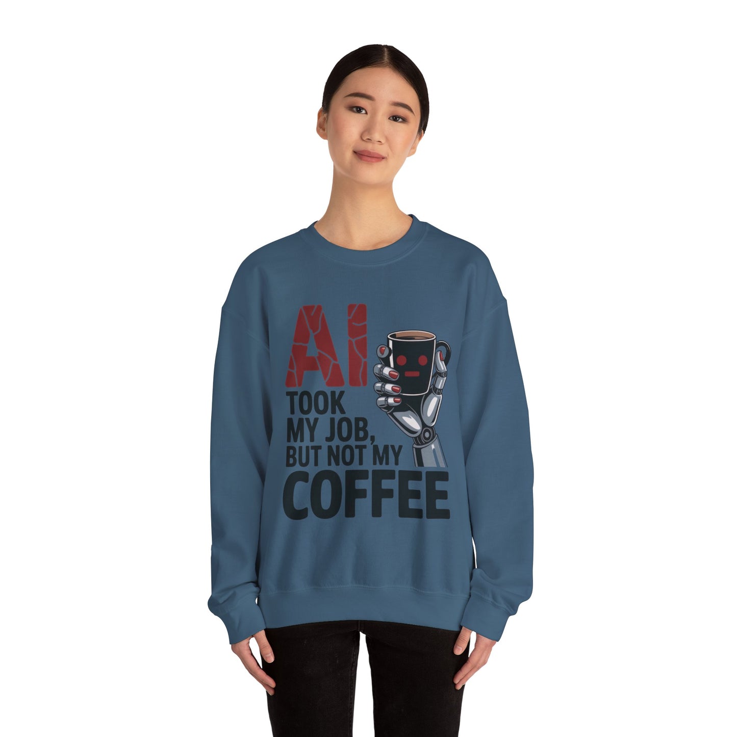 AI Coffee Sweatshirt, Funny Robot Humor Pullover, Geek Sarcastic Job Joke Top, Women's Heavy Blend™ Crewneck Sweatshirt