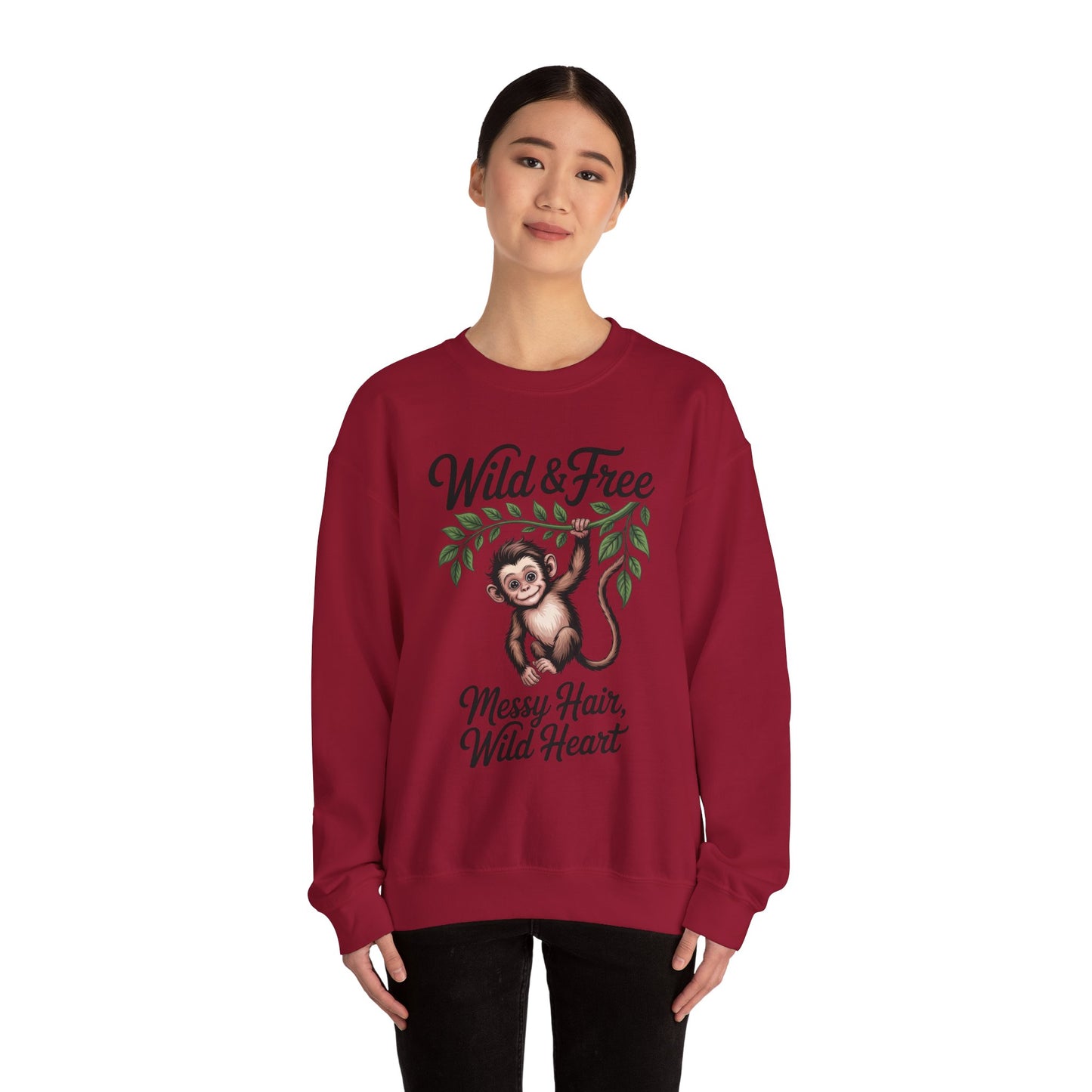 Wild & Free Monkey Sweatshirt, Messy Hair Wild Heart Womens Pullover, Cute Jungle Animal Sweater, Boho Adventure Graphic, Nature Lover Gift