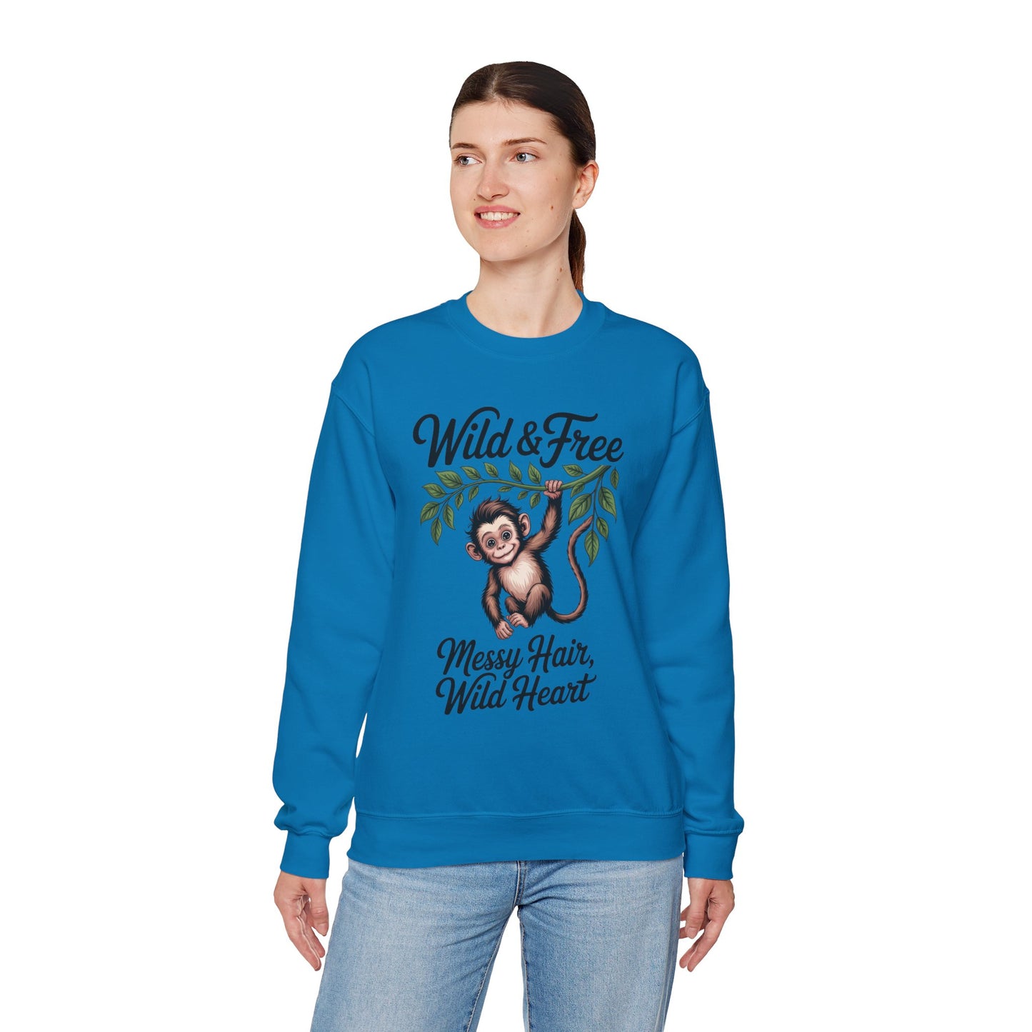 Wild & Free Monkey Sweatshirt, Messy Hair Wild Heart Womens Pullover, Cute Jungle Animal Sweater, Boho Adventure Graphic, Nature Lover Gift