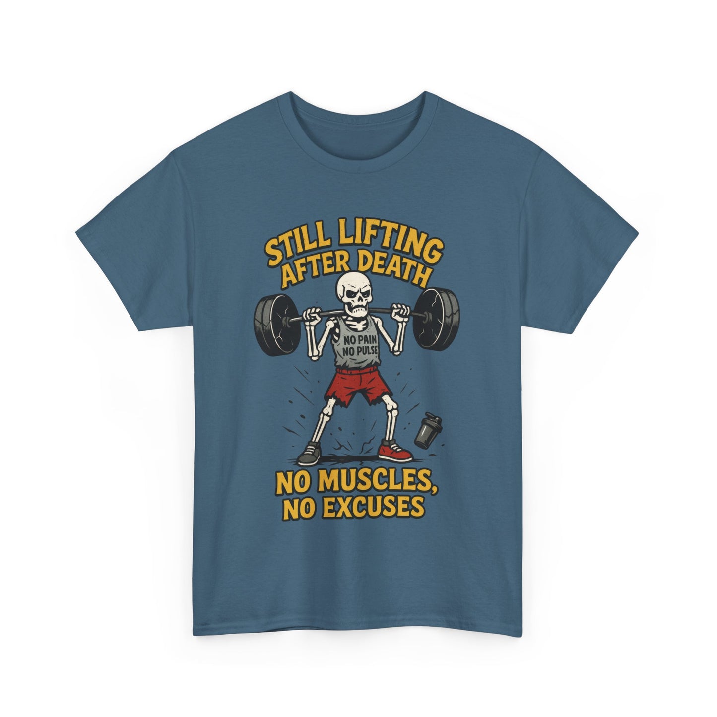 Funny Skeleton Gym T-Shirt, Still Lifting After Death, Funny Workout Shirt for Men, Fitness Gift, Halloween Apparel, Unisex Cotton Tee