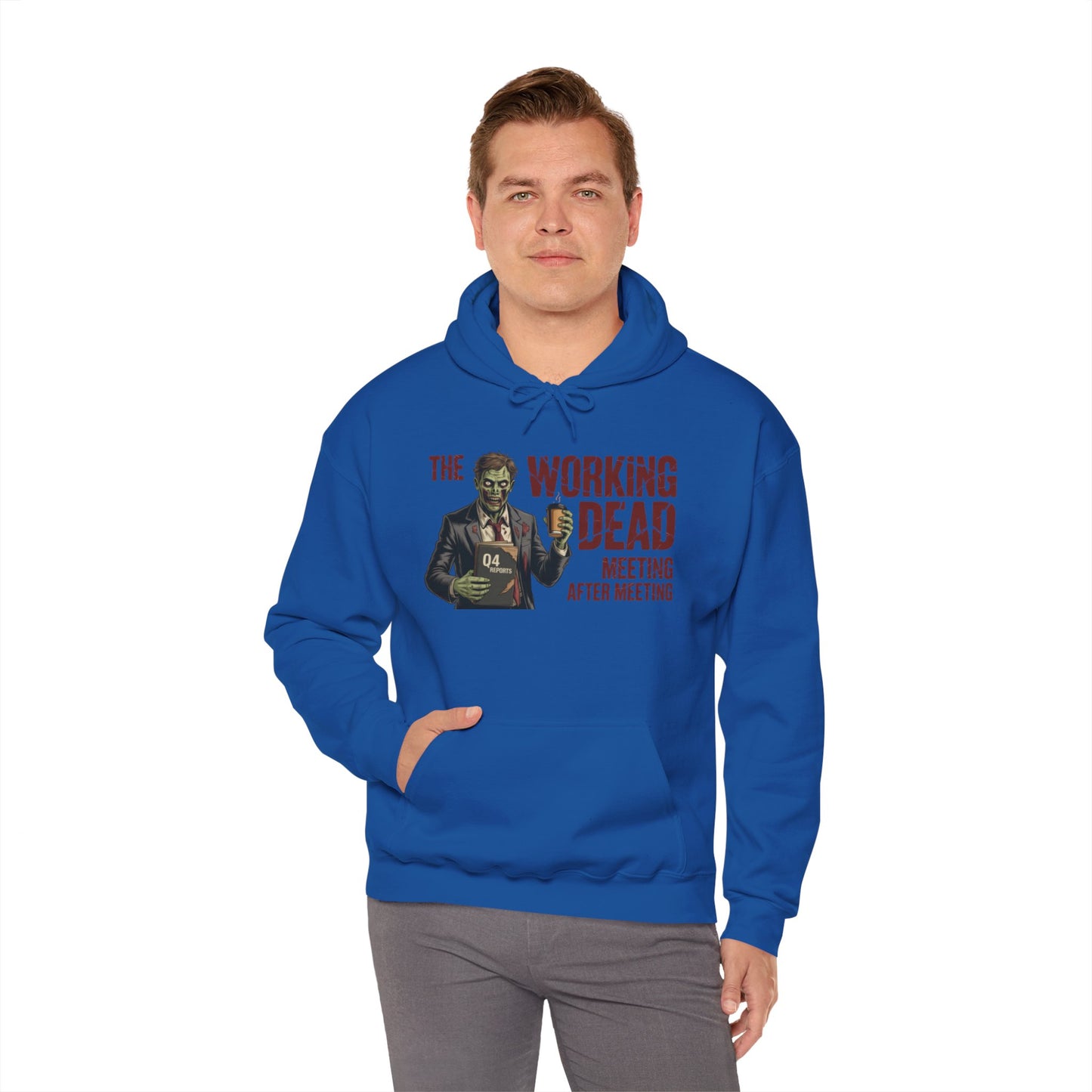 The Working Dead Men's Zombie Hoodie, Funny Office Meeting Sweatshirt, Men's Heavy Blend™ Hooded Sweatshirt, Halloween Work Humor Zombie top