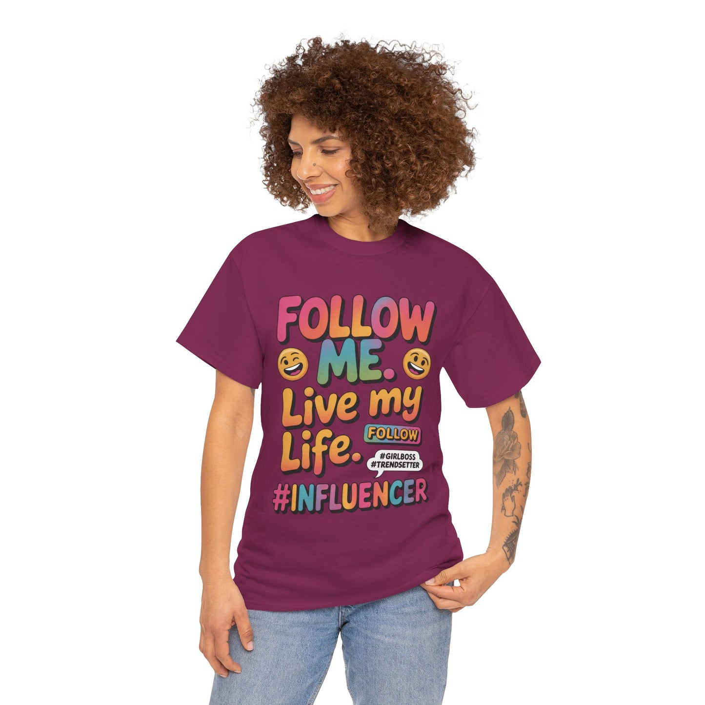 Womens Heavy Cotton Tee, Influencer Graphic Tee, Follow Me Live My Life Shirt, Colorful Trendy GirlBoss T-Shirt, Trendsetter Summer Wear