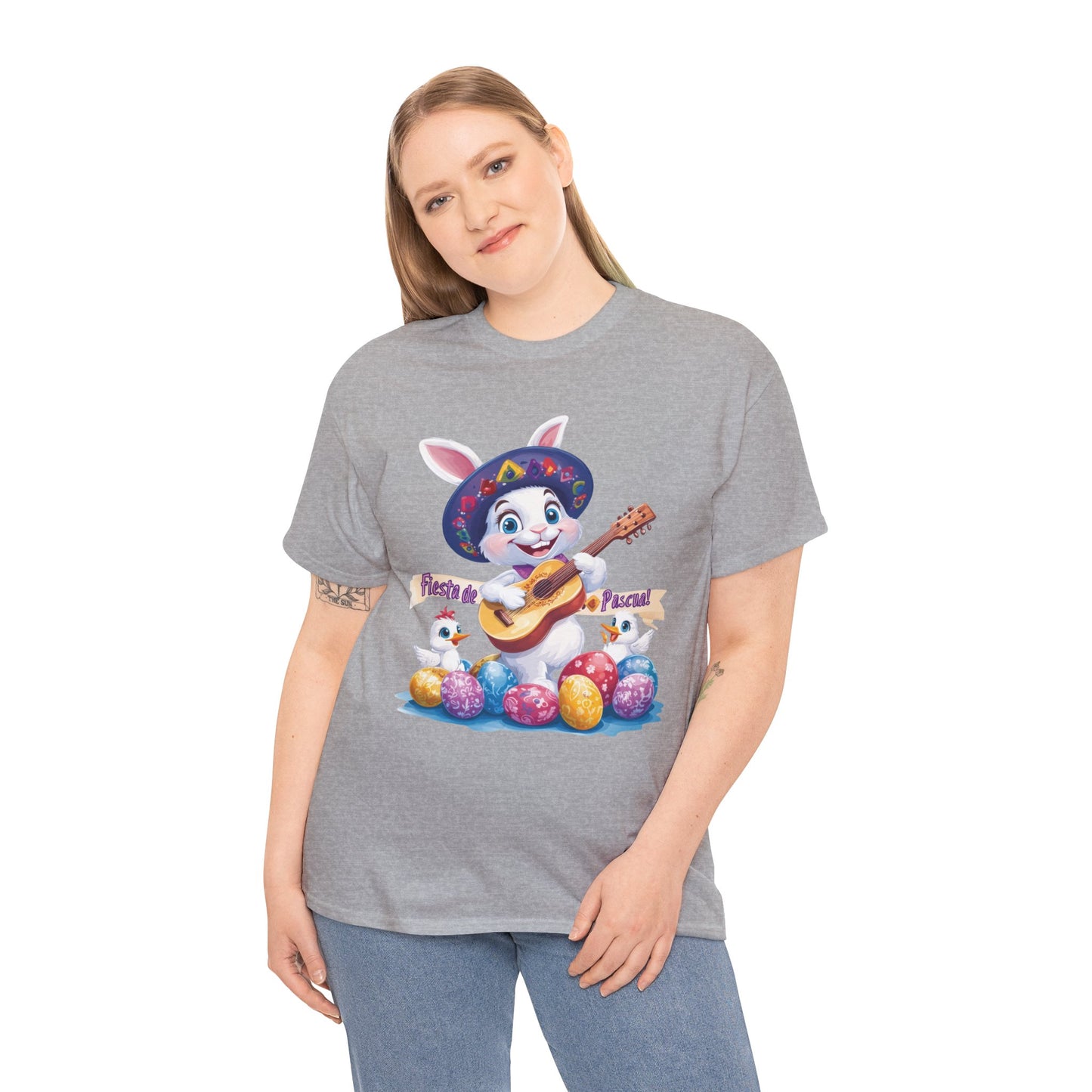 Fiesta de Pascua Bunny Shirt, Funny Easter Rabbit Playing Guitar Tee, Colorful Unisex Heavy Cotton T-Shirt, Cute Holiday Celebration Gift