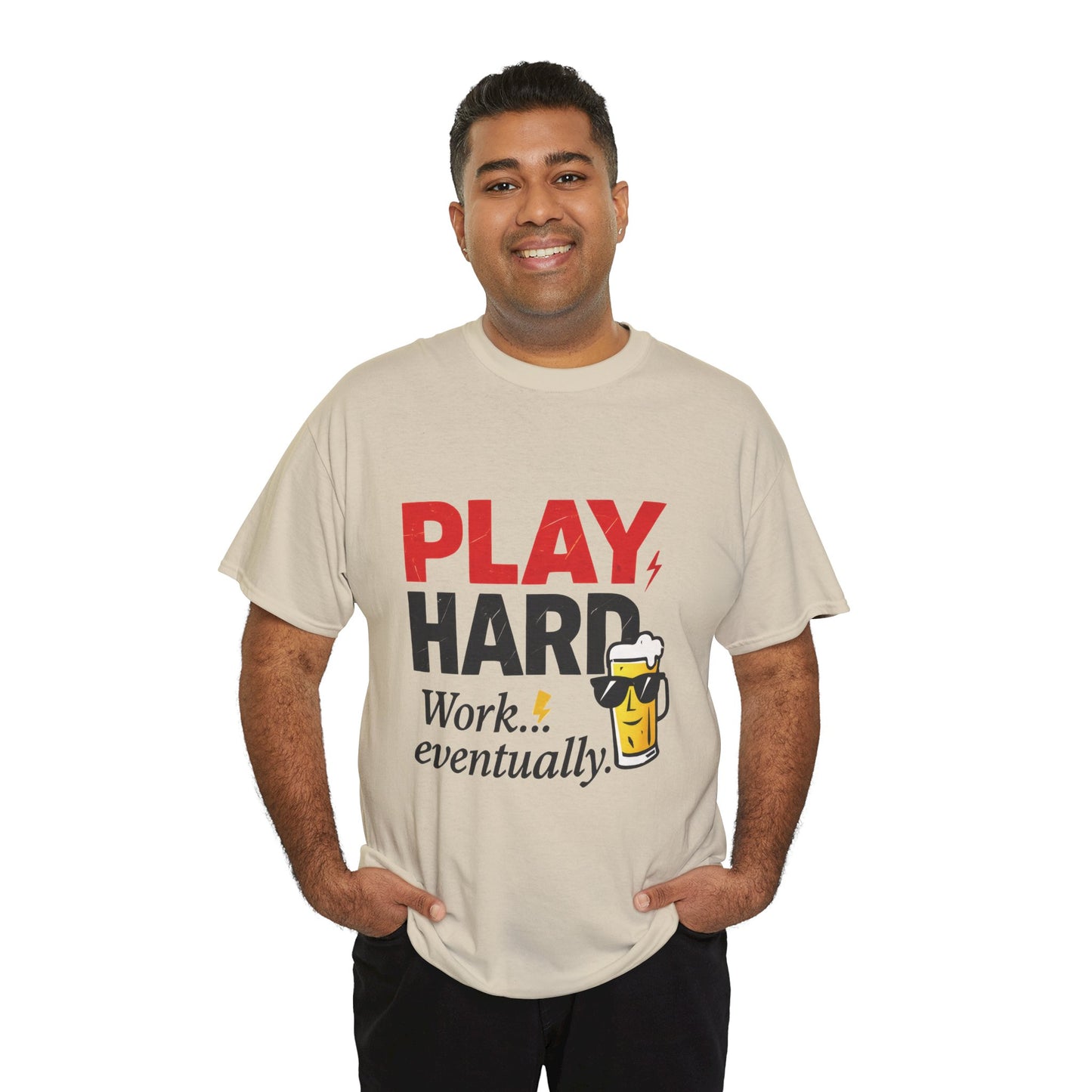 Play Hard Mens Heavy Cotton Tee, Perfect for Beer Lovers, Casual Hangouts, Parties, Gifts, and Relaxed Days