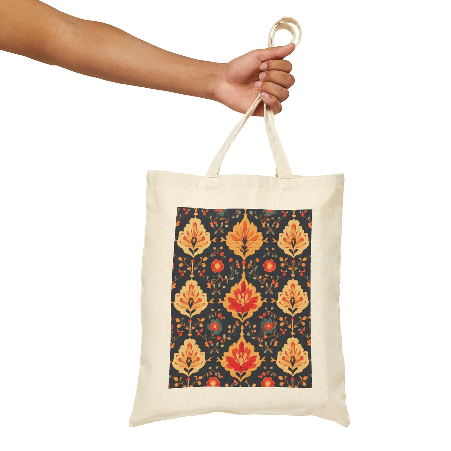 Chic Floral Cotton Canvas Tote Bag, Eco-Friendly Shopping Bag, Gift for Her, Reusable Grocery Tote, Traditional Turkish Carpet Pattern