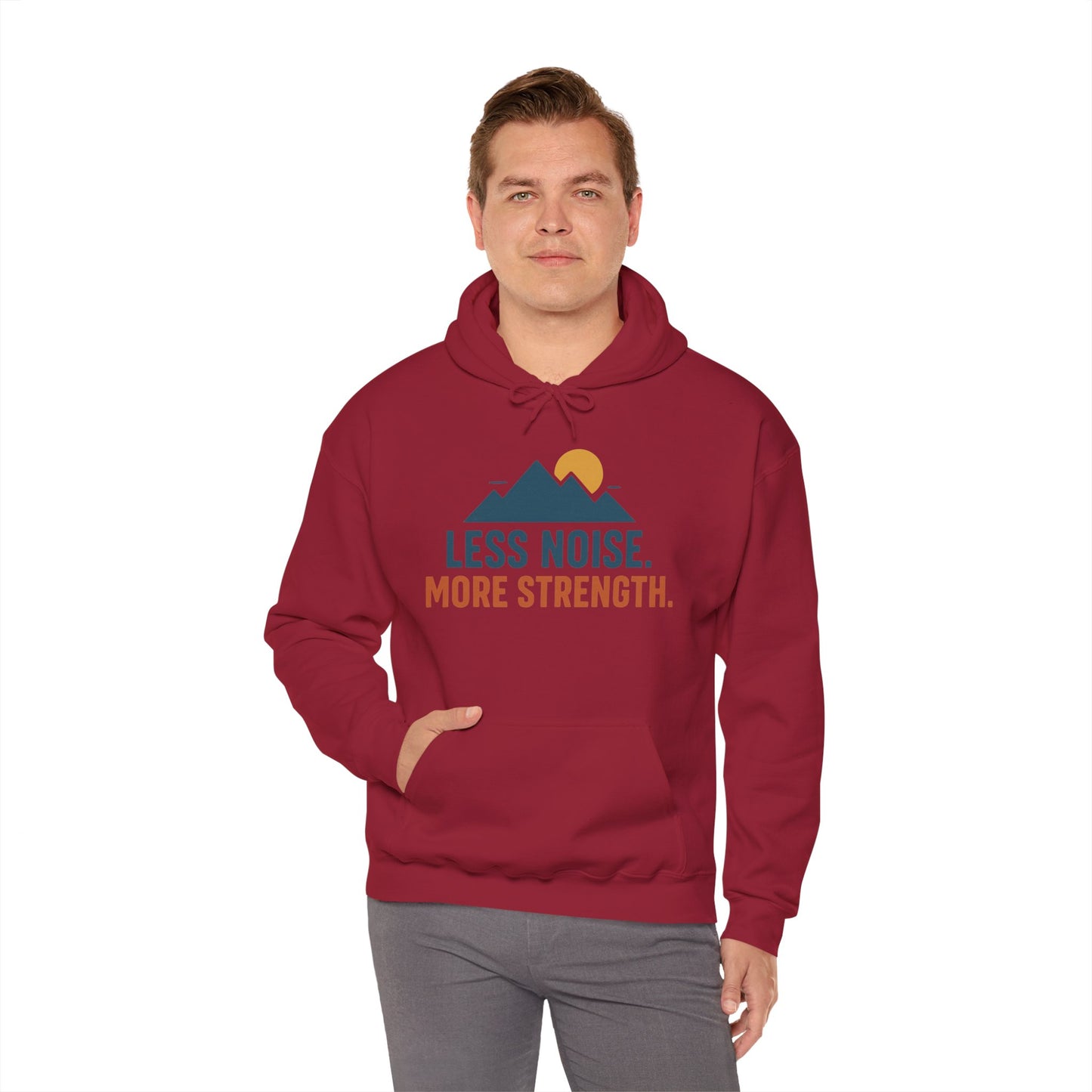 Men’s Less Noise More Strength Hoodie, Motivational Mountain Graphic Pullover, Mens Heavy Blend™ Hooded Sweatshirt