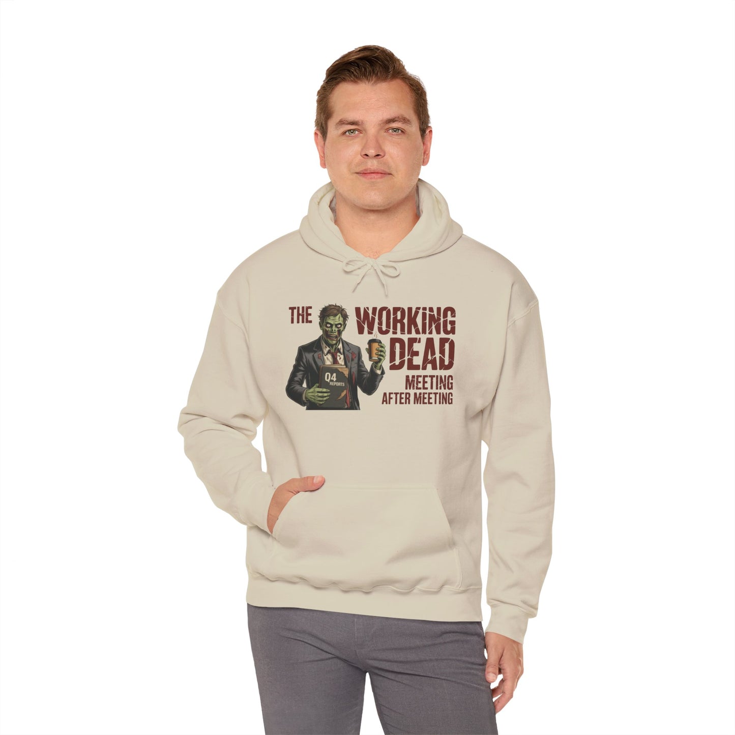 The Working Dead Men's Zombie Hoodie, Funny Office Meeting Sweatshirt, Men's Heavy Blend™ Hooded Sweatshirt, Halloween Work Humor Zombie top
