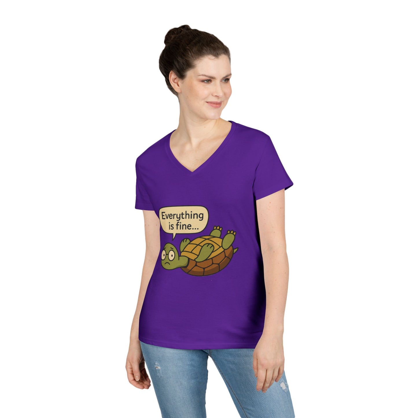 Cute & Comfy Turtle V-Neck T-Shirt - "Everything is fine..." design, Gift for Animal Lovers, Casual Wear, Fun Quotes, Positive message tee