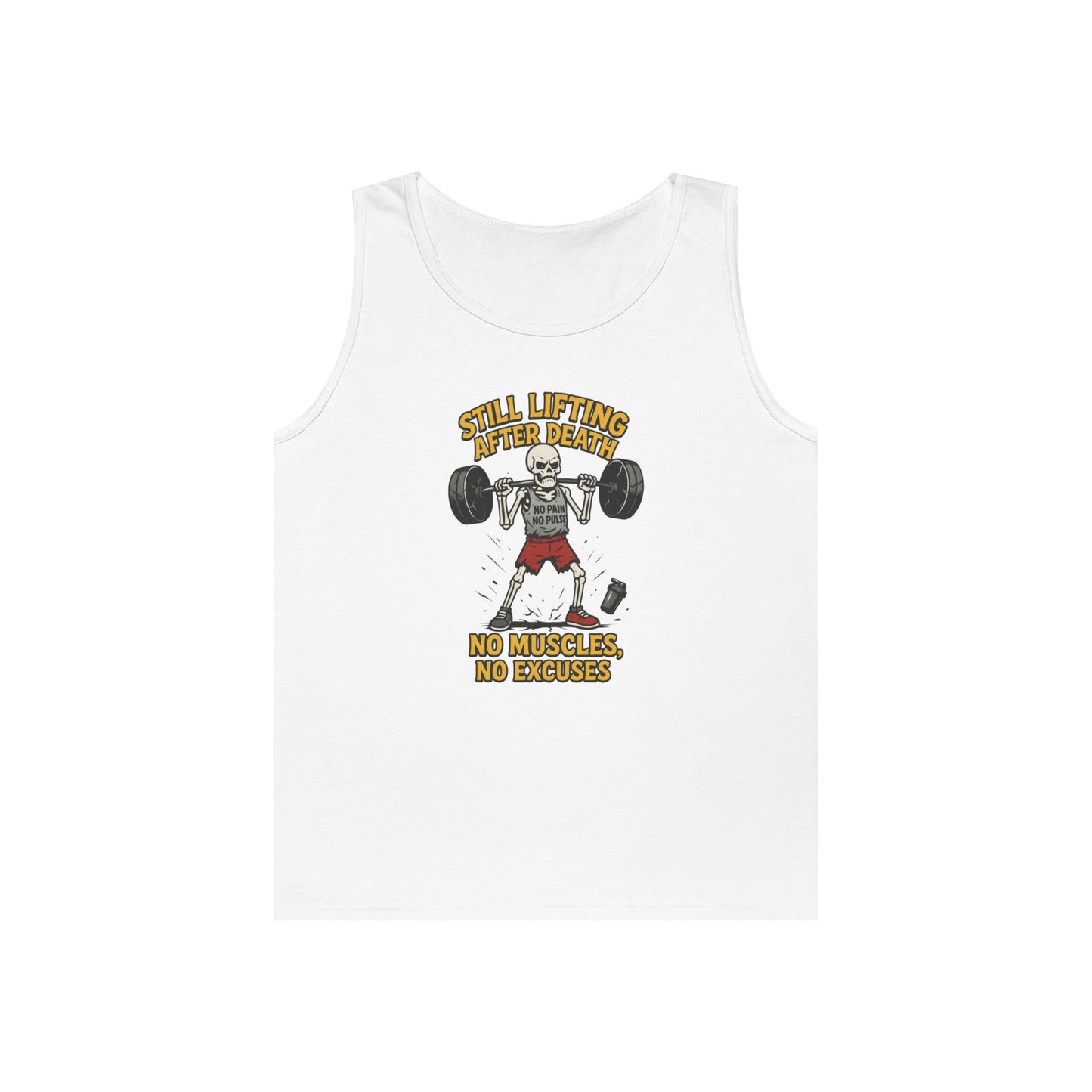Funny Skeleton Gym Tank Top, Still Lifting After Death, Funny Workout Tee for Men, Fitness Gift, Halloween Apparel, Unisex Cotton Tank Top