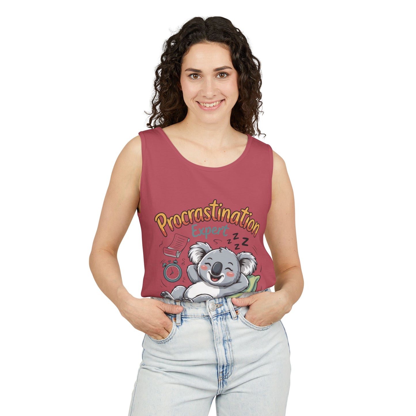 Procrastination Expert Womens Tank Top, Funny Gift for Lazy Days, Relaxed Fit Tee, Casual Summer Wear, Koala Graphic Top, Motivational Apparel