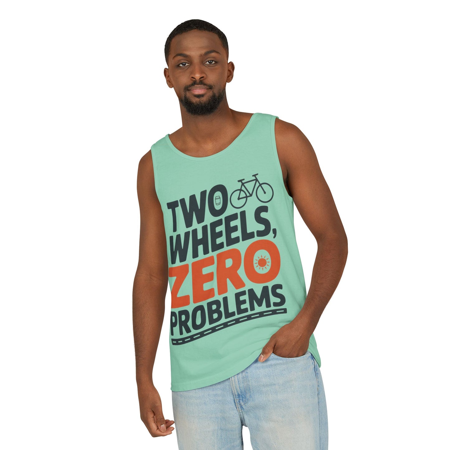 Mens Garment-Dyed Tank Top, Two Wheels Zero Problems Mens Cycling Graphic Tank, Gift for Cyclists