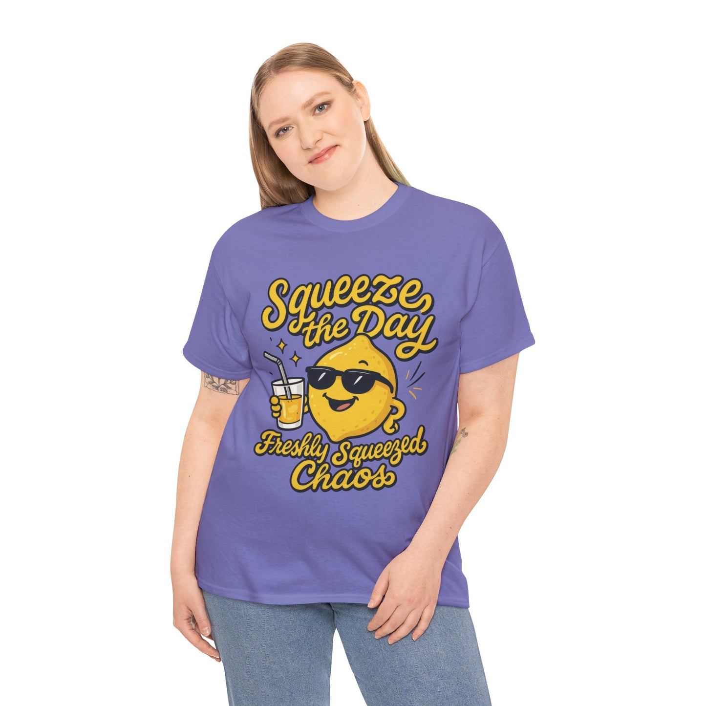 Funny Lemon Shirt for Women - Squeeze The Day Freshly Squeezed Chaos Tee - Cute Positive Citrus Graphic Tee, Fun Summer Tee for Beach Vibes
