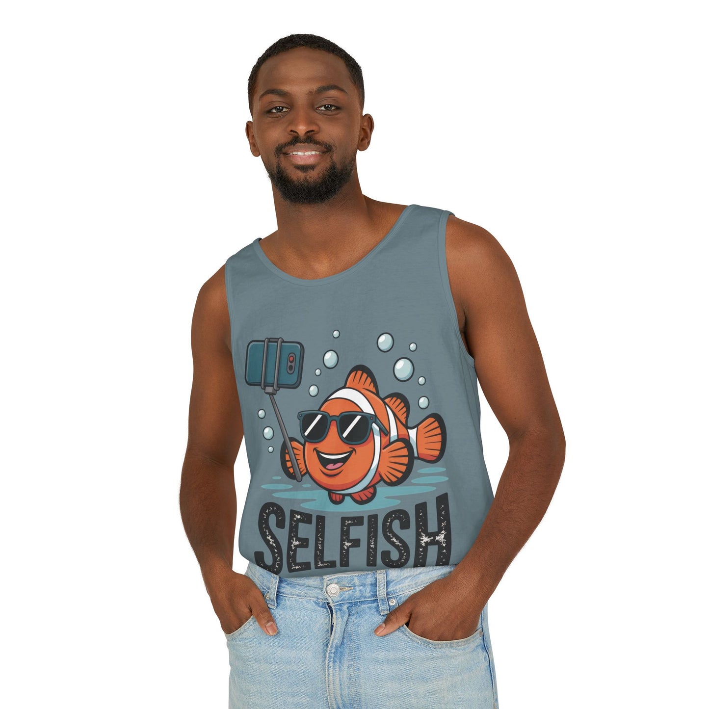 Mens Garment-Dyed Tank Top, Mens Selfish Funny Fish Tank Top, Cute Selfie Graphic Shirt, Ocean Humor Top