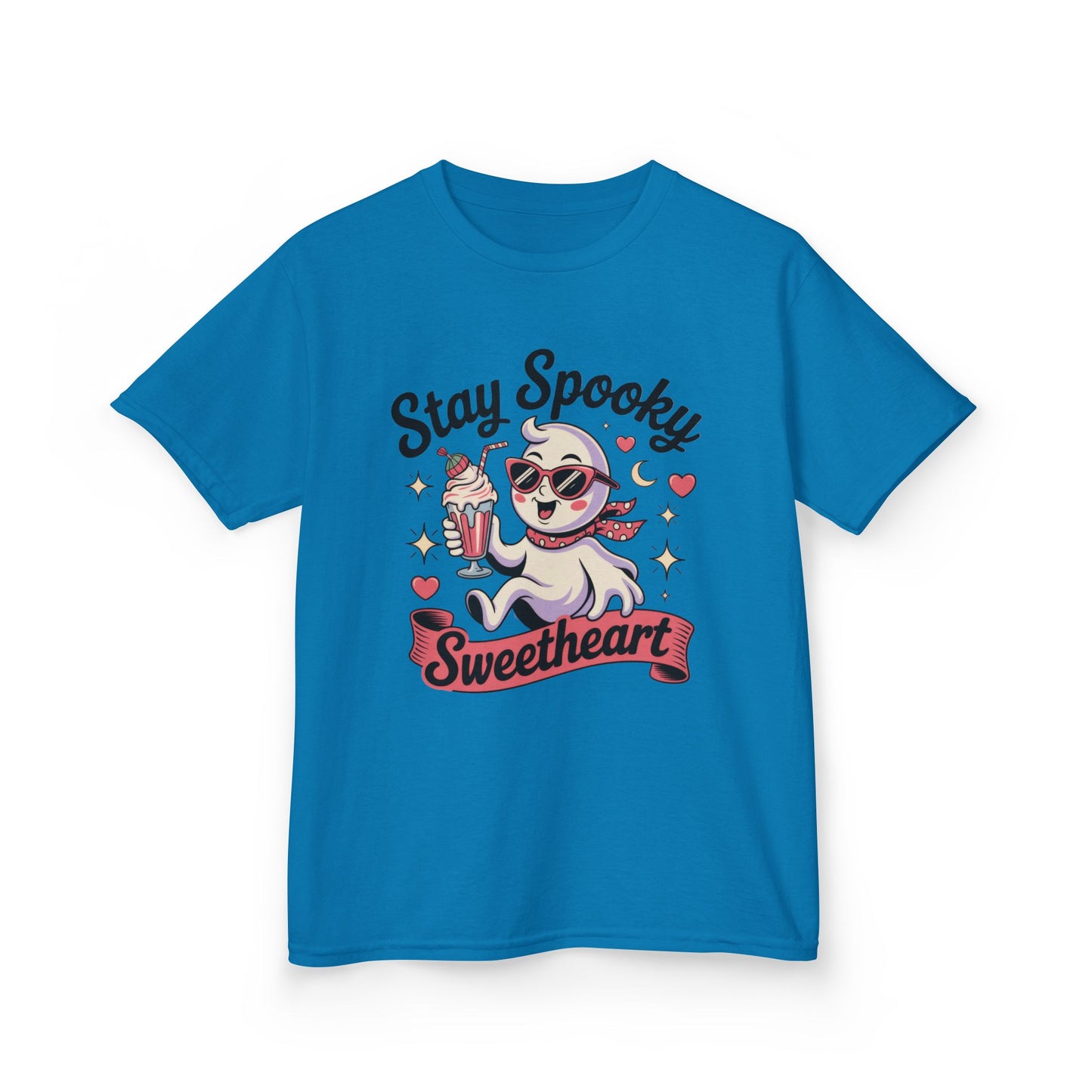 Girls Halloween Ghost T-Shirt, Stay Spooky Sweetheart Tee for Kids, Cute Retro Style Tween Girl Outfit Gift, Kids Heavy Cotton™ Tee