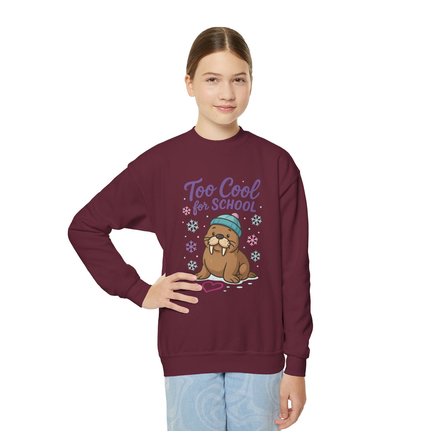 Youth Crewneck Sweatshirt, Kids Too Cool for School Walrus Sweatshirt, Funny Animal Pullover, Cute Winter Top