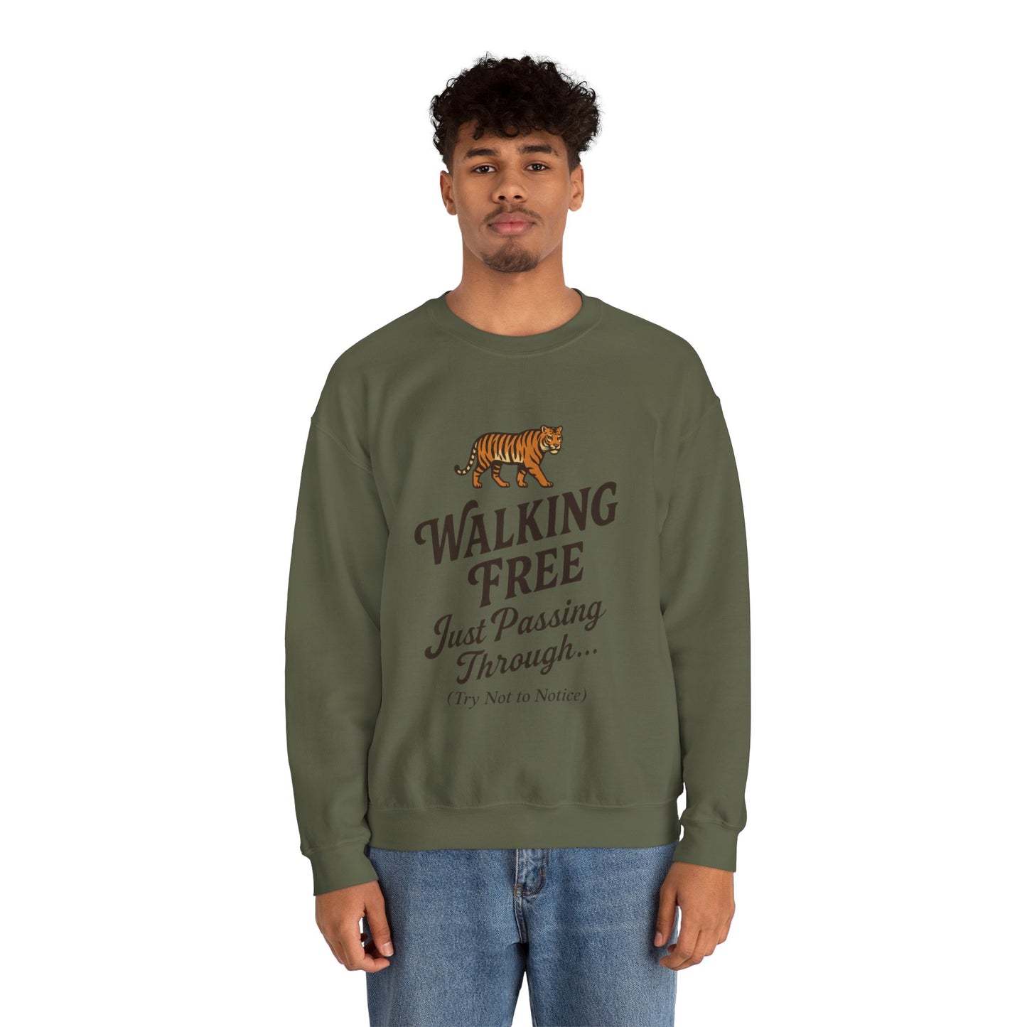 Funny Tiger Mens Crewneck Sweatshirt - Walking Free Cozy Wild Animal Pullover - Motivational Sweatshirt, Inspirational Apparel