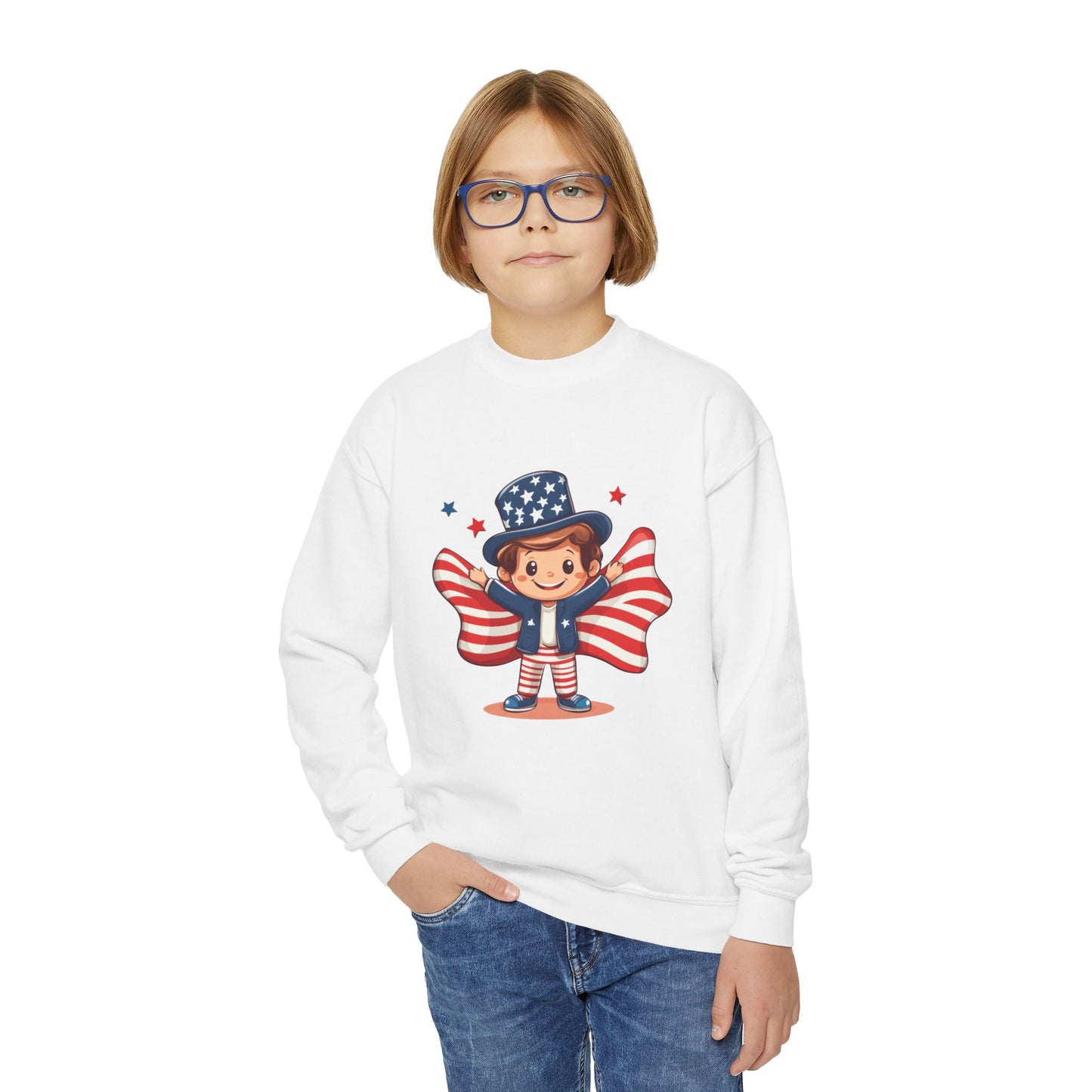 Patriotic Youth Crewneck Sweatshirt, Kids Flag Sweatshirt, July 4th Outfit, Independence Day Gear, Americana Sweatshirt, Holiday Clothing