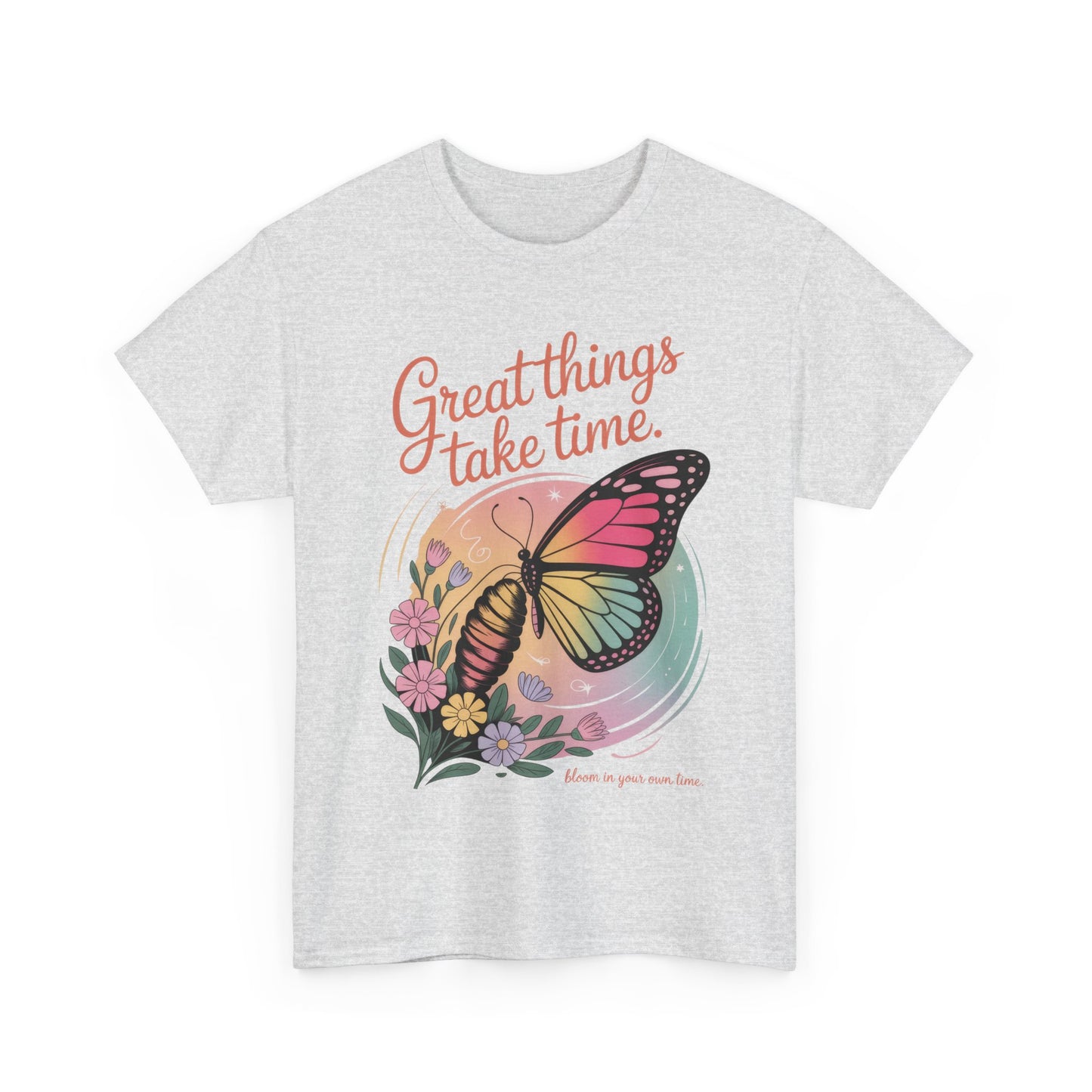 Butterfly Motivational Women's Heavy Cotton Tee, Great Things Take Time Shirt, Gift for Nature Lovers, Inspirational Apparel, Summer Outfit