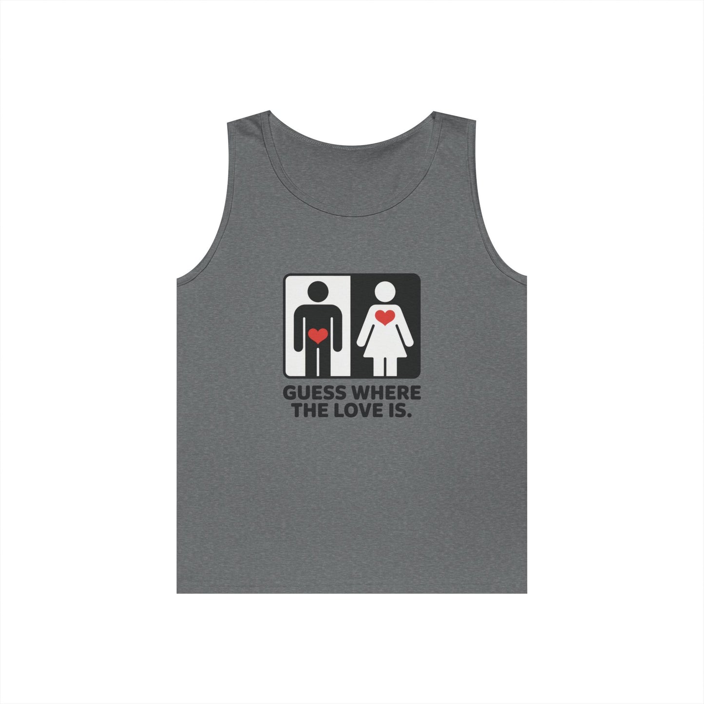 Cute Guess Where The Love Is Mens Tank, Couples Gift, Valentines Day Gift, Relationship Humor Shirt, Funny Tank for Him, Bold Love Joke Tank