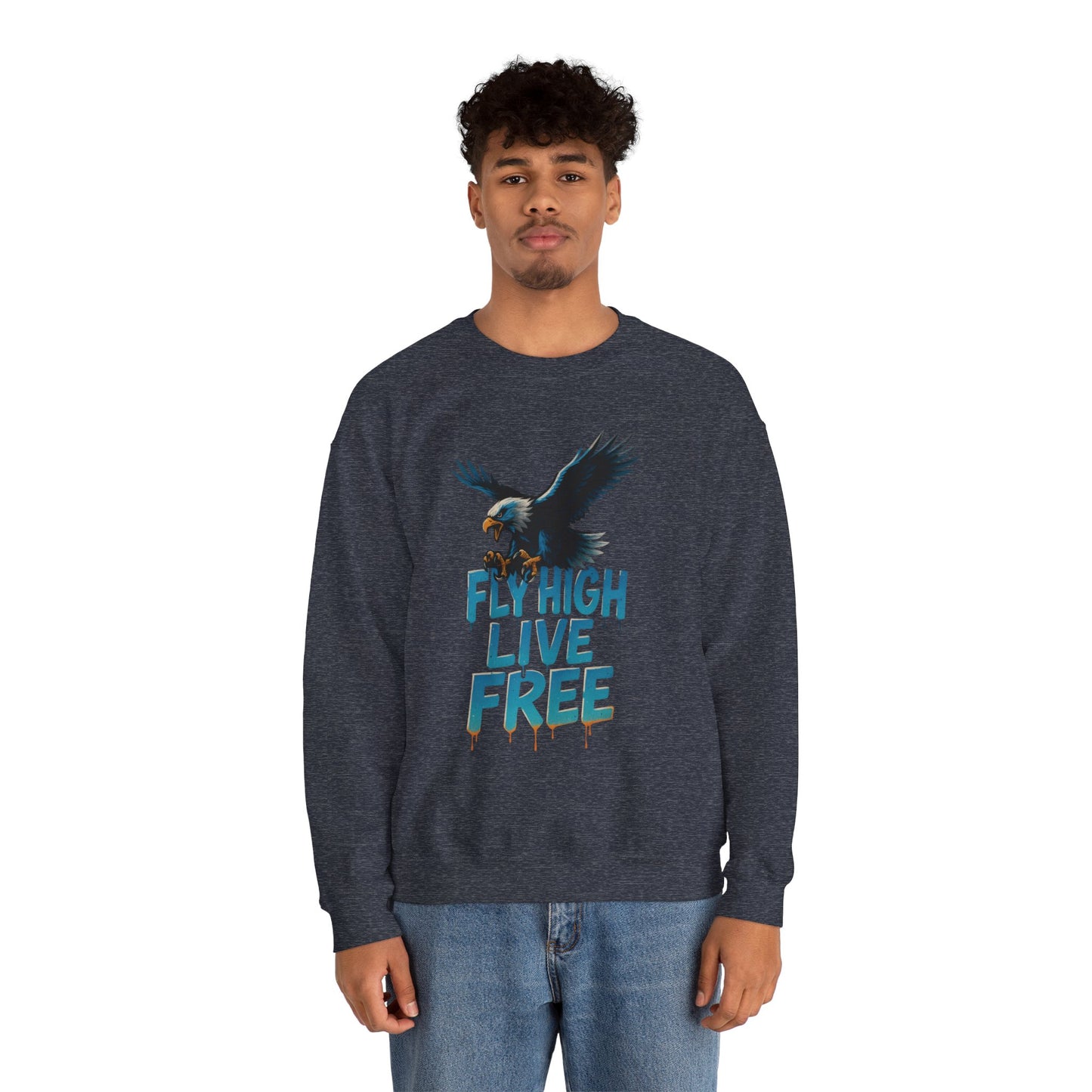 Mens Heavy Blend™ Crewneck Sweatshirt, Fly High Live Free Mens Eagle Graphic Sweatshirt