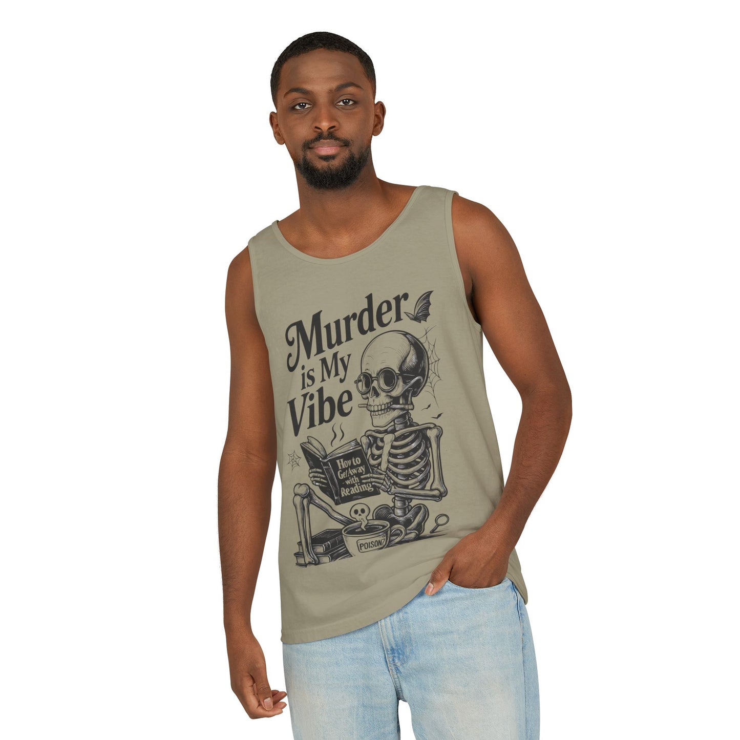Murder Is My Vibe Tank Top, Mens Goth Tank, Halloween Clothing, Skeleton Graphic Tee, Cozy Casual Wear, Quirky Gift Idea