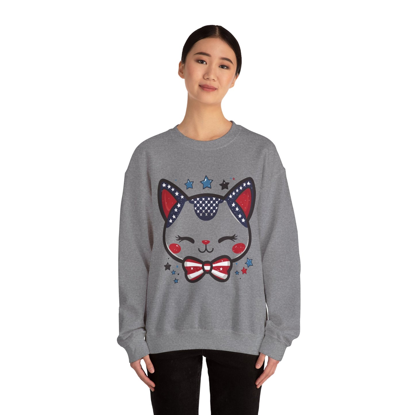 Cute Patriotic Cat Graphic Sweatshirt, Cozy Women's Crewneck, Cat Lover Gift, Fourth of July, Perfect for Holidays and Celebrations