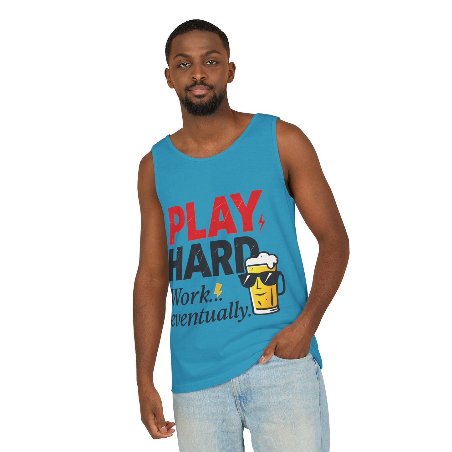 Casual Tank Top with Play Hard Print, Fun Summer Apparel, Gift for Dad or Friends, Beach Wear, Workout Top, Party Attire
