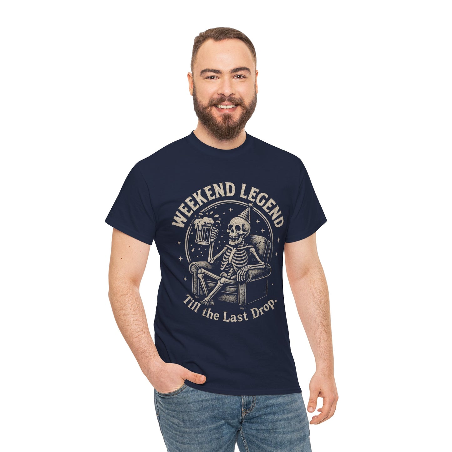 Weekend Legend Mens T-Shirt, Funny Skeleton Beer Tee, Till the Last Drop Party Shirt, Vintage Style Graphic Tee for Him, Halloween Apparel