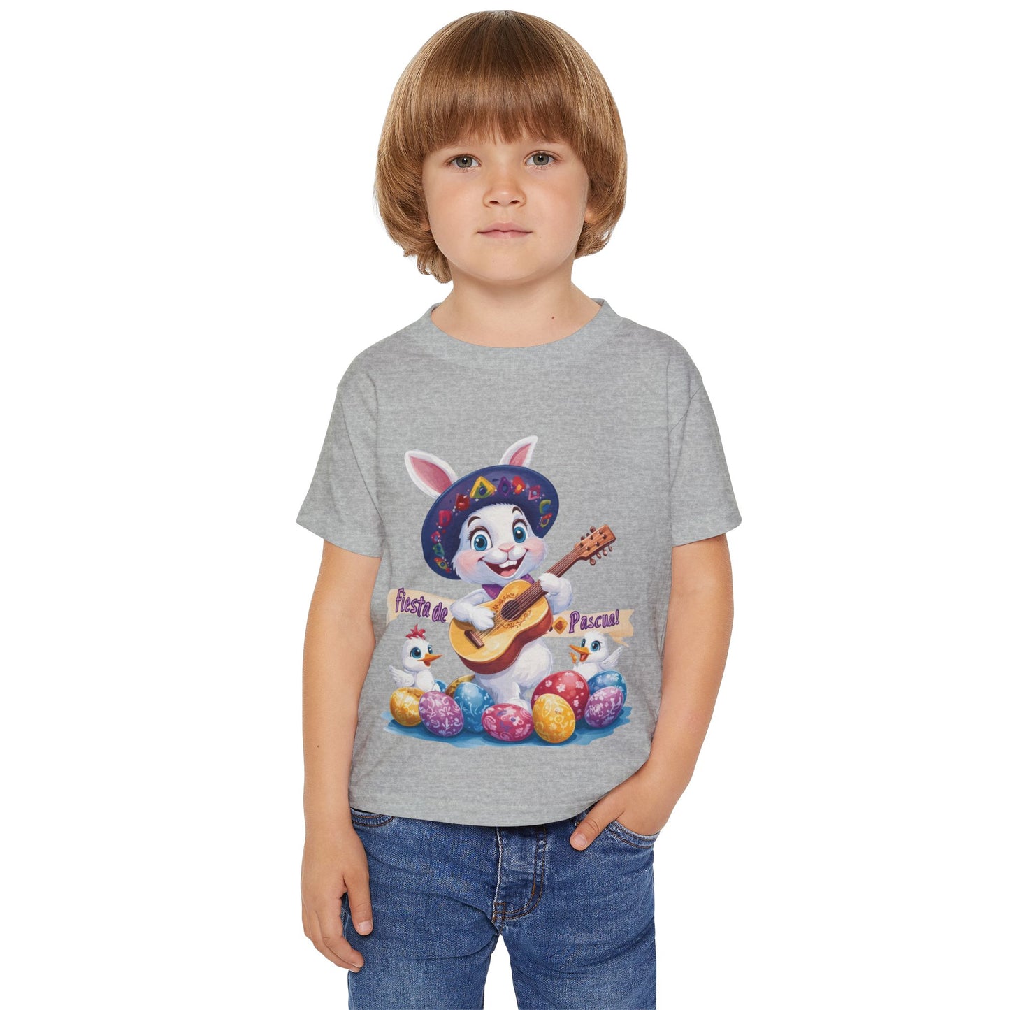 Fiesta de Pascual Toddler T-Shirt, Easter Bunny Shirt, Spring Holiday Kids Top, Adorable Gift for Toddlers, Mexican Bunny Shirt with Guitar