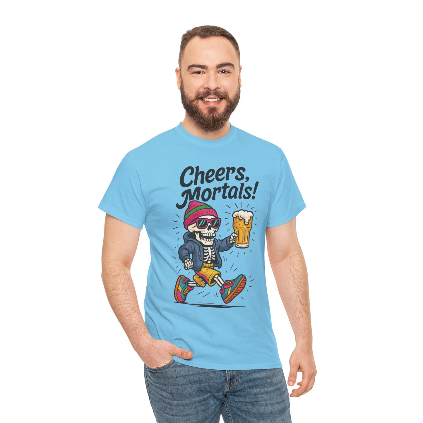 Cheers, Mortals! Mens Tee, Funny Skeleton Beer Graphic Tee, Cool Drinking Humor Shirt, Party Gift for Him, Halloween Tee, Beer Lovers Gift