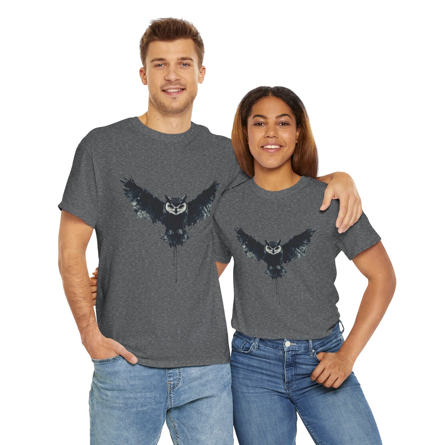 Cool Owl Graphic Unisex Heavy Cotton Tee, Flying Owl Ink Art T-Shirt, Nature Lover Gift, Animal Print Tee, Gothic Bird Graphic Tee