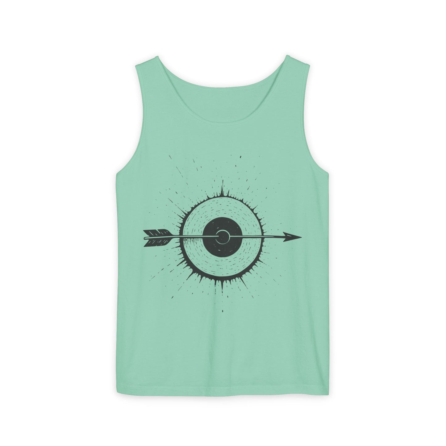 Mens Garment-Dyed Tank Top with Target Arrow Design, Casual Wear, Summer Essentials, Gym Wear, Gifts for Archery Lovers