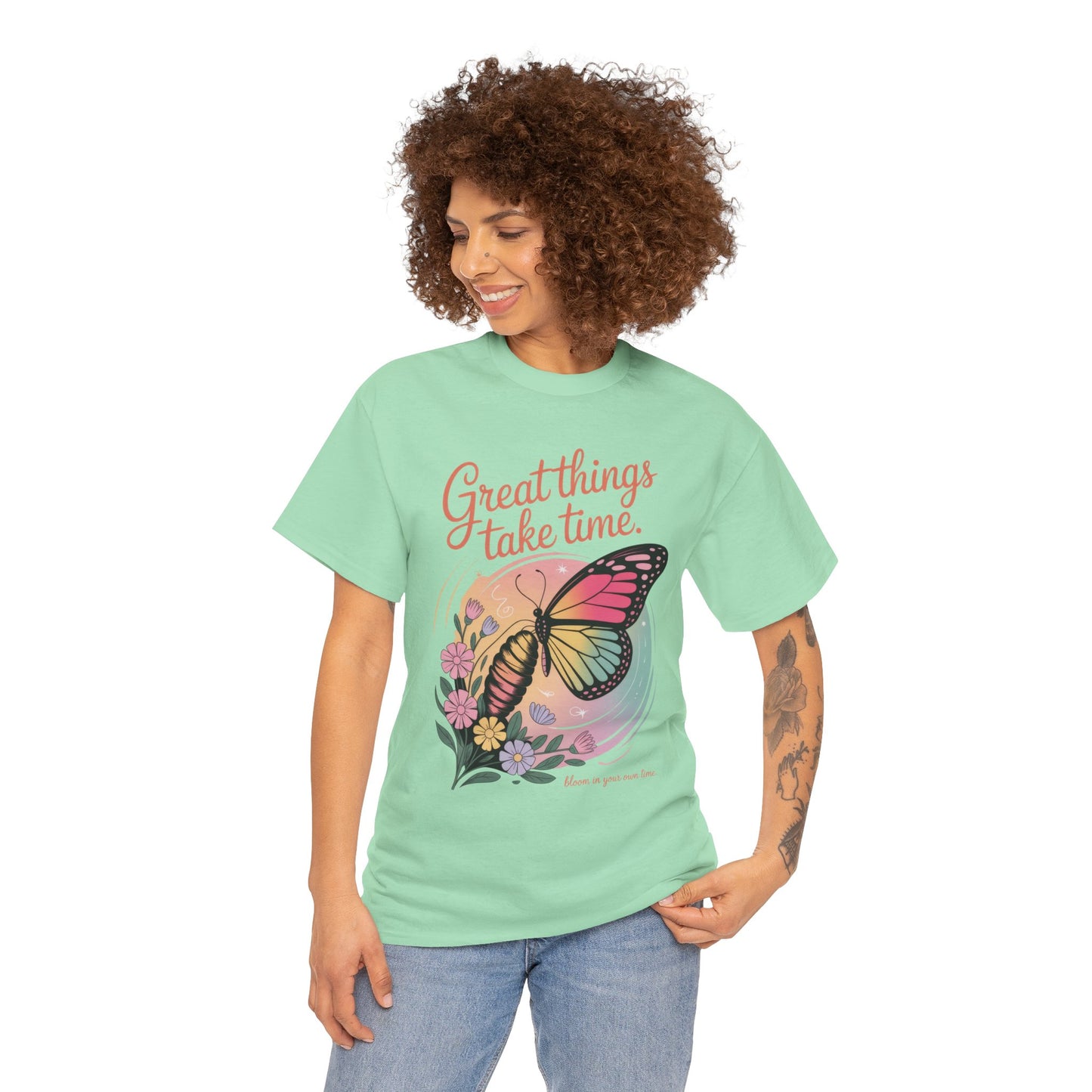 Butterfly Motivational Women's Heavy Cotton Tee, Great Things Take Time Shirt, Gift for Nature Lovers, Inspirational Apparel, Summer Outfit
