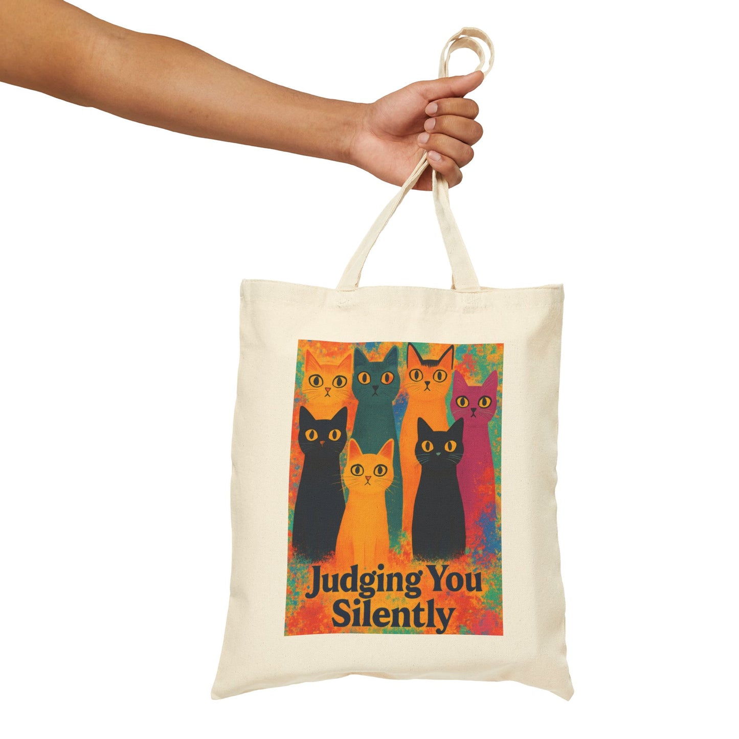 Colorful Funny Cat Illustration Tote Bag, Judging You Silently, Artistic Rainbow Cat Lover Gift, Pet-themed Bag