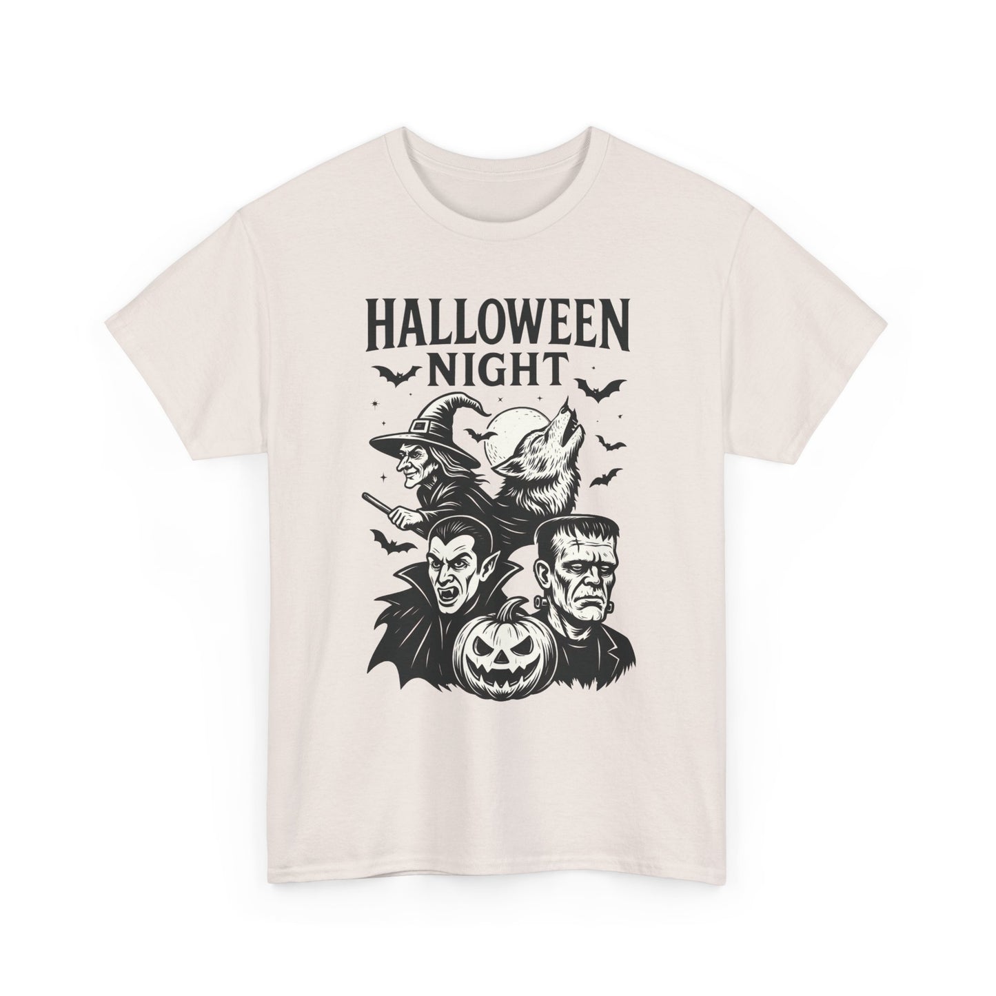 Halloween Night Men's T-Shirt, Classic Monsters Graphic Tee, Witch, Vampire, Frankenstein, Werewolf