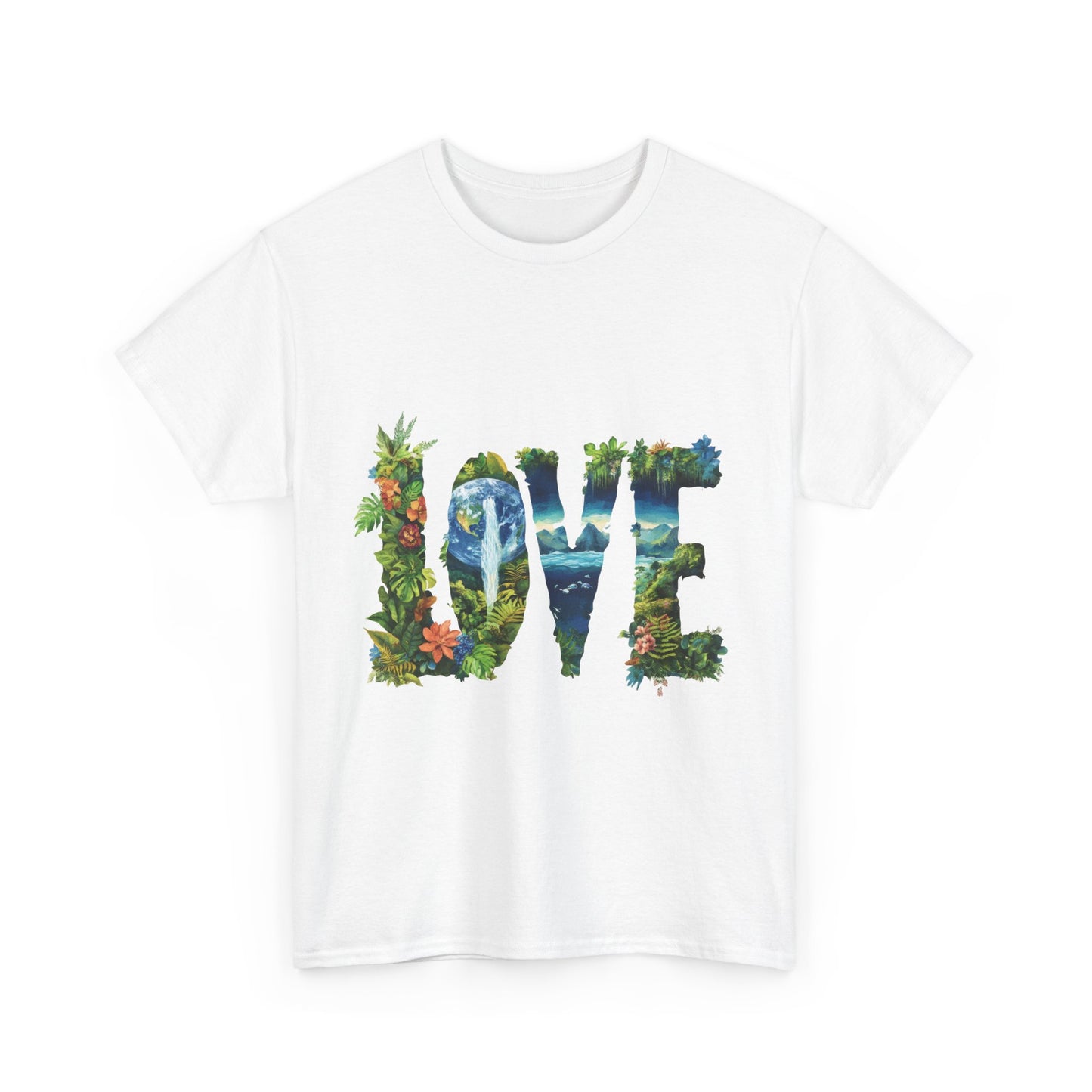 LOVE Nature Art Womens Heavy Cotton Tee, Earth Day Jungle Forest Graphic T-Shirt, Eco Friendly Gift Shirt, Nature-Inspired Love Tee