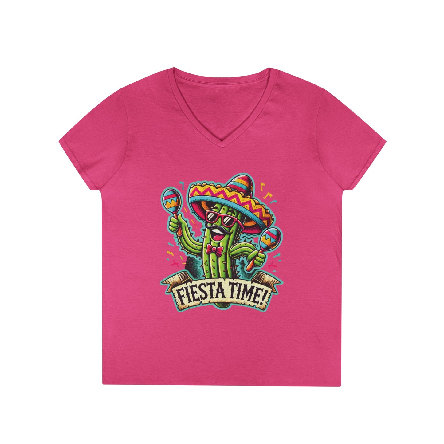 Fiesta Time Cactus Ladies' V-Neck T-Shirt, Funny Sombrero Mexican Party Tee, Cinco de Mayo Gift Idea, Fun Summer Tee, Party Wear
