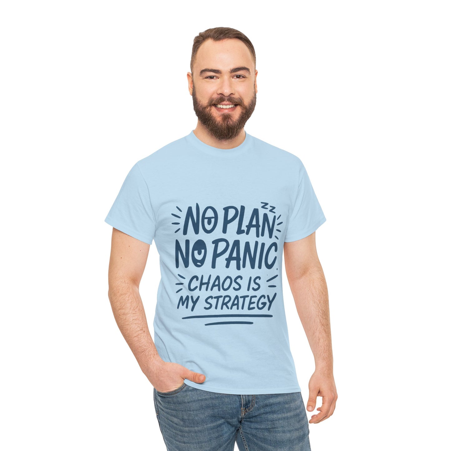 Funny Chaos Quote Mens T-Shirt, No Plan No Panic Humor Shirt, Casual Graphic Tee Gift for Him, Relaxed Fit