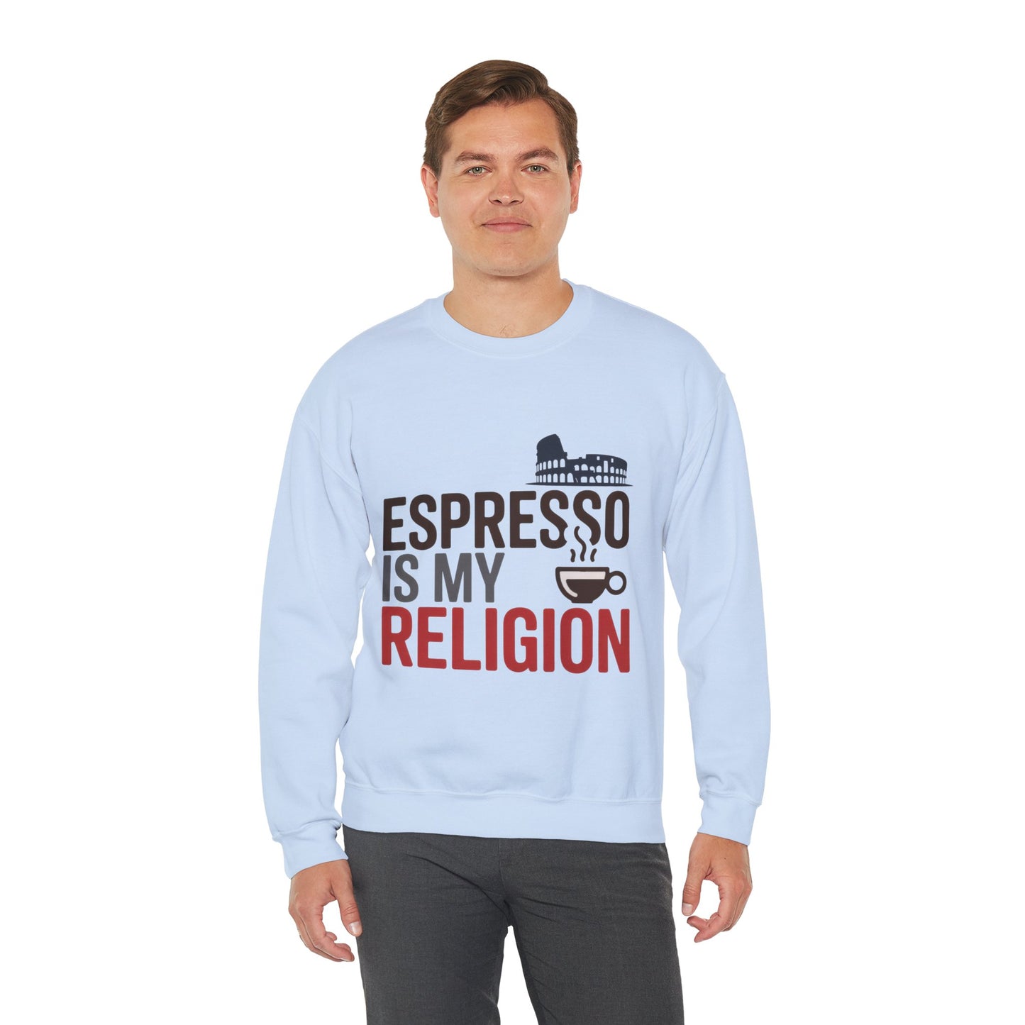 Mens Heavy Blend™ Crewneck Sweatshirt, Espresso Is My Religion Coffee Rome Mens Sweatshirt, Barista Gift, Coffee Lover Gift